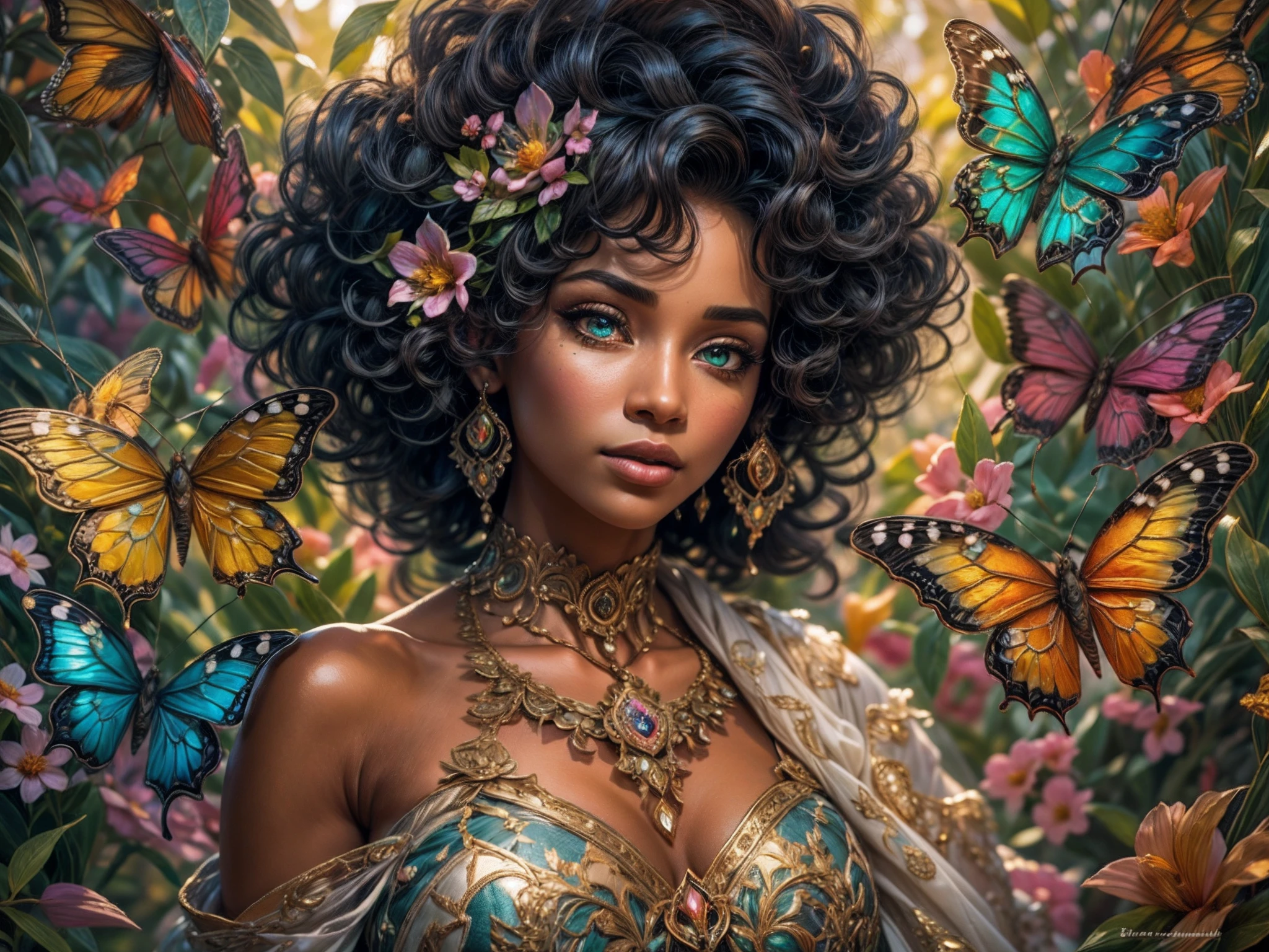 This is an elegant and ornate fantasy masterpiece with a lot of shimmer, glitter, and intricate ornate detail. Generate a petite Jamaican woman resting on a gilded and flowered garden swing at night. Her eyes are ultra-detailed with intricate realistic shading and bold, bright hues. She is a beautiful and seductive butterfly queen with stunning curly black hair, (((incredibly realistic and detailed dynamic eyes in bright colors with realistic shading))). She wears a delicate and elegant crown and a gown spun from luxurious gossamer silk and satin with subtle, intricate, and hand-embroidered bodice detailing as well as subtle floral detailing and gold silk butterfly sleeves. Her face is lovely and lonely. Include glow-in-the-dark flowers, lots of particles, highly realistic fantasy butterflies with translucent jewel-toned wings and fine detailing, and glow. The artwork is done in the style of Guviz and brings to mind masters in the genre such as trending fantasy works on Artstation and Midjourney. Camera: Utilize dynamic composition techniques to emphasize etherealness and delicate detail. The colors in this artwork are saturated, romantic, and rich.