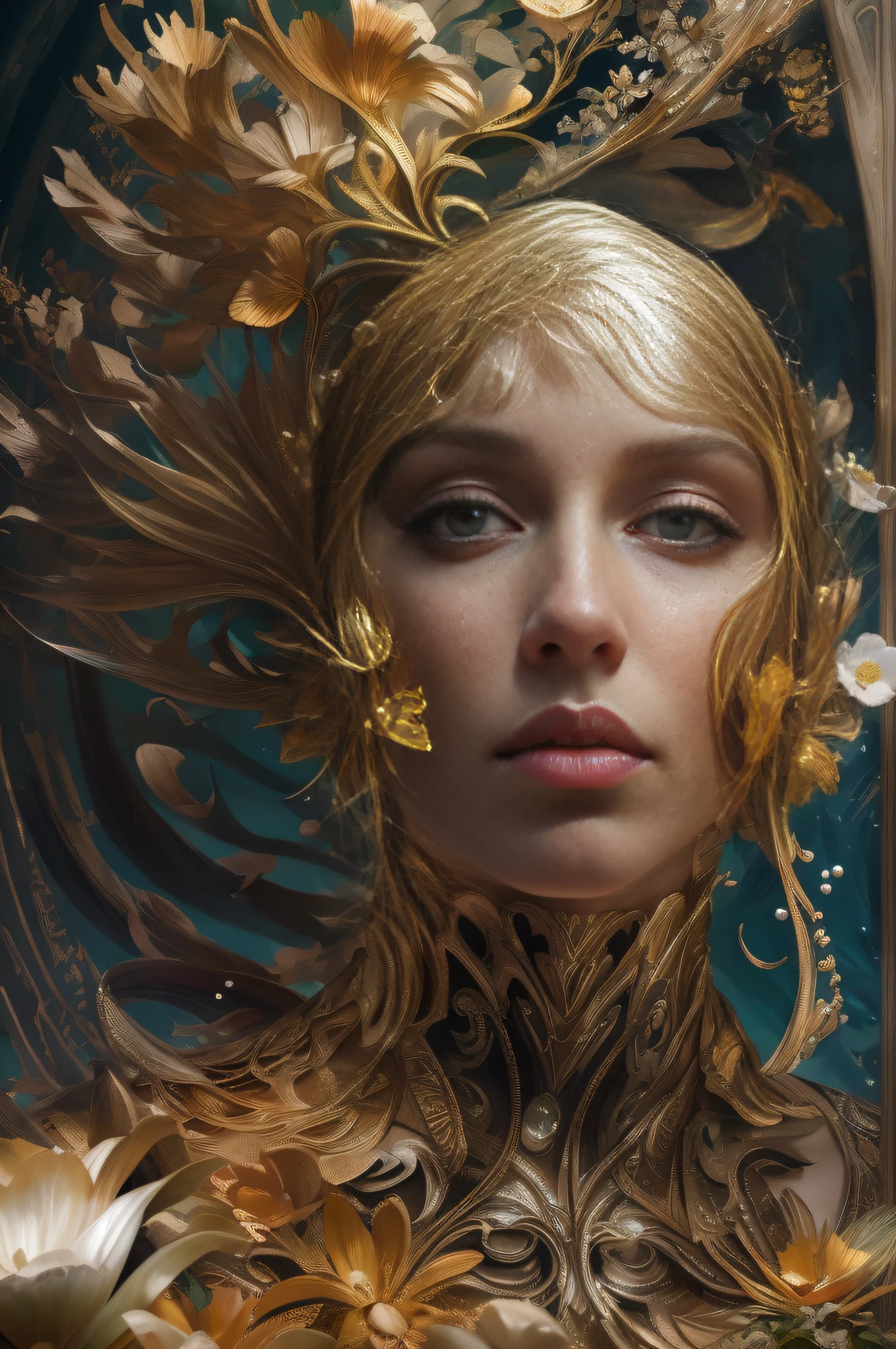 hiperealist portrait PIC ,dramatic caravaggio lighting , perfect clean face godness 2023 beauty underwater character in the lush jungle , wear gorgeous in pale gold champagne cian metallic theaddress mix philip treacy and pojatti,textil art, with perls and flowers in the atlantic ocean , ultra detailed artistic photography, sci-fi, tech wear, direct gaze, depth of field, elegant, highly detailed, digital painting, artstation, concept art, smooth, sharp focus, illustration, art by Gr, midnight aura, night sky, dreamy, backlit, glamour, glimmer, shadows, ultra high definition, 12k, unreal engine 5, ultra sharp focus, art by alberto seveso, artgerm, loish, sf, intricate artwork masterpiece, ominous, matte painting movie poster, golden ratio, trending on cgsociety, intricate, epic, trending on artstation, by artgerm, h. r. giger and beksinski, highly detailed, vibrant, production cinematic character render, ultra high quality modeleg Rutkowsk3d flowers