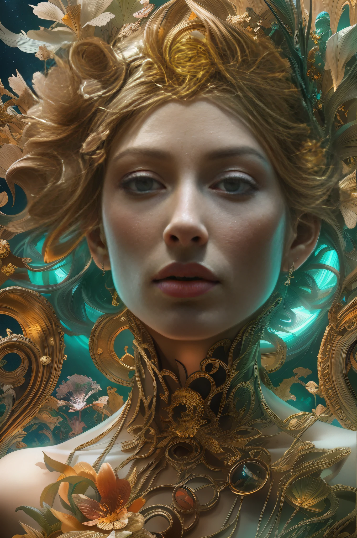 hiperealist portrait PIC ,dramatic caravaggio lighting , perfect clean face godness 2023 beauty underwater character in the lush jungle , wear gorgeous in pale gold champagne cian metallic theaddress mix philip treacy and pojatti,textil art, with perls and flowers in the atlantic ocean , ultra detailed artistic photography, sci-fi, tech wear, direct gaze, depth of field, elegant, highly detailed, digital painting, artstation, concept art, smooth, sharp focus, illustration, art by Gr, midnight aura, night sky, dreamy, backlit, glamour, glimmer, shadows, ultra high definition, 12k, unreal engine 5, ultra sharp focus, art by alberto seveso, artgerm, loish, sf, intricate artwork masterpiece, ominous, matte painting movie poster, golden ratio, trending on cgsociety, intricate, epic, trending on artstation, by artgerm, h. r. giger and beksinski, highly detailed, vibrant, production cinematic character render, ultra high quality modeleg Rutkowsk3d flowers