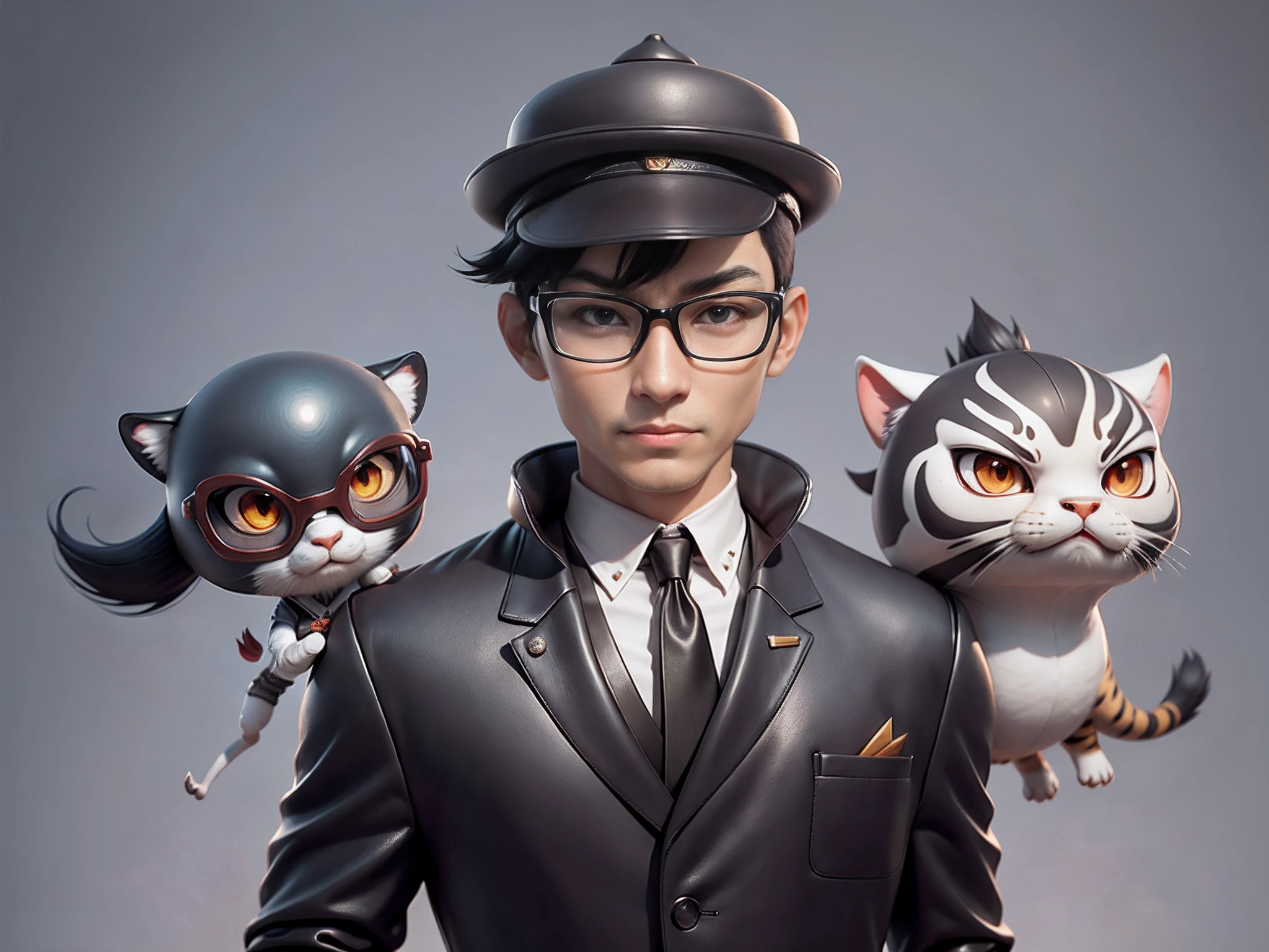 Young man with oriental face in leather hat, tiger, oriental face in formal suit, short black hair, silver glasses, digital painting, 3D character design by Mark Clairedon and Pixar and Hayao Miyazaki and Akira Toriyama, the illustration is a high-definition illustration in 4K resolution with very detailed facial features and cartoon-style visuals.