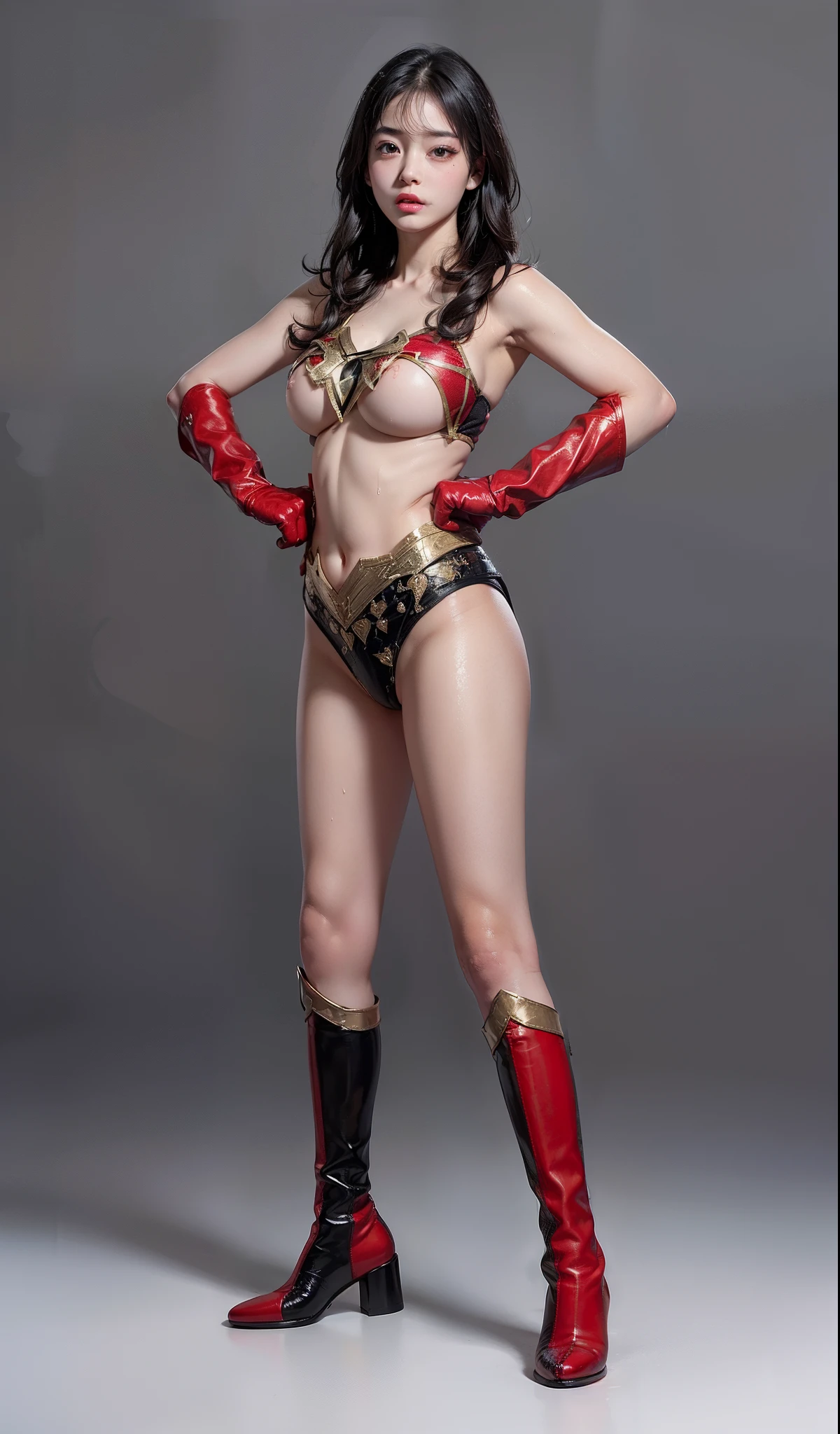 (((Make the most of the original image)))、(((Be sure to wear black tights)))、(((Wonder Girl Costume)))、(((lustrous dark hair)))、(((Wear red boots)))、((Top image quality、8K))、((top-quality、8K、masterpiece:1.3))、Crisp focus:1.2、Beautiful woman with perfect body shape:1.4、Slender Abs:1.2、((layers-Cut、large boob:1.2))、a wet body:1.5、Highly detailed facial and skin texture、