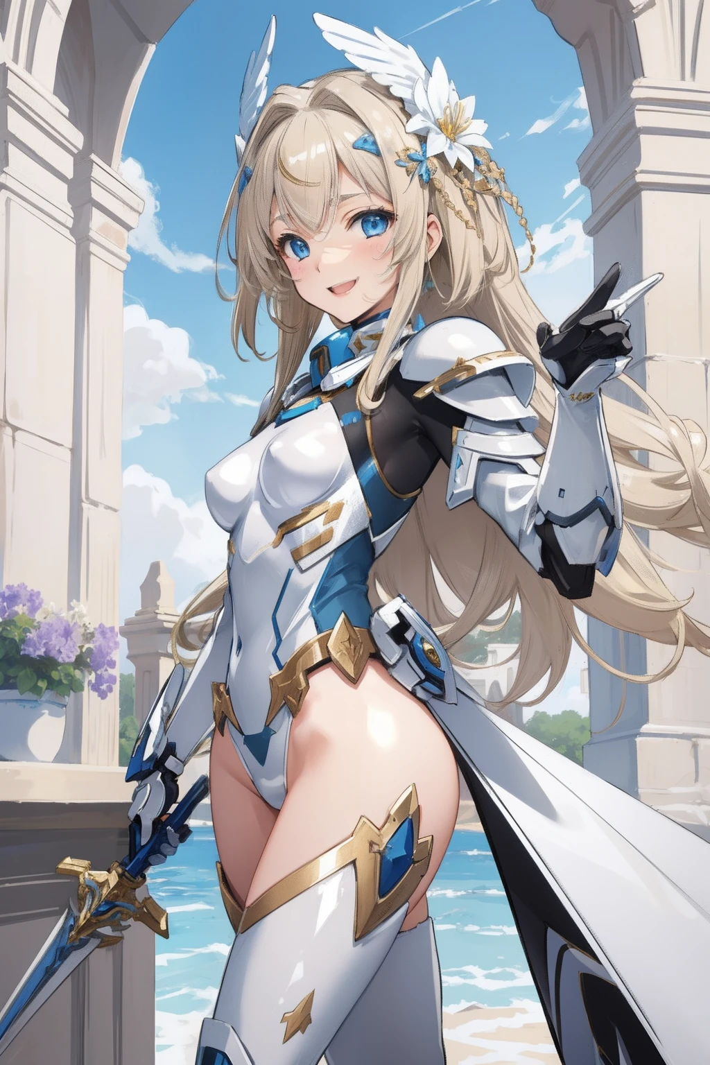 (​master piece, Best Quality),  Intricate details, valkyrie, kawaii, Happy, (((Laugh))), Villainous smile, Hand up, Looking at Viewer, Feather Headgear, Flower meadow, (((flat breast)))
1 girl in, Solo, Portrait, Plutinum Blonde Hair, drooping iceblue eyes, Silver Single Thigh, White Independent Single Sleeve, iceblue gloves, Single braid, 
 mecha musume, White bodysuit, Silver Reinforced Suit, Mini Feather Wings, silver pantyhose, full armor, flower decoration, equip sword,