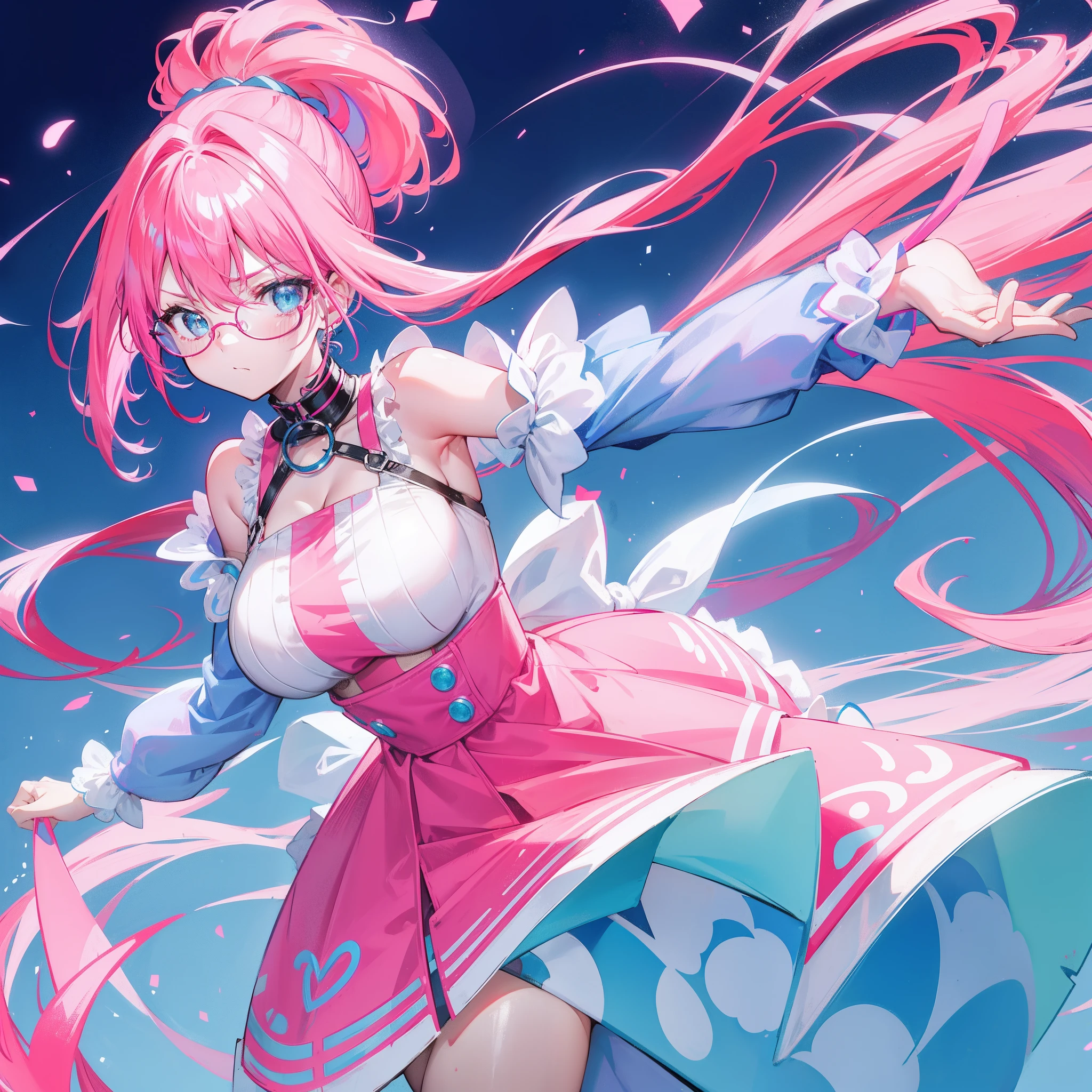 Neon-like vivid blue gradient to bright pink hair,Tied with a high ponytail,With round thick-rimmed glasses,Pink collar,red colour,In pink,Yellow with cream dress,A cute girl who looks fierce