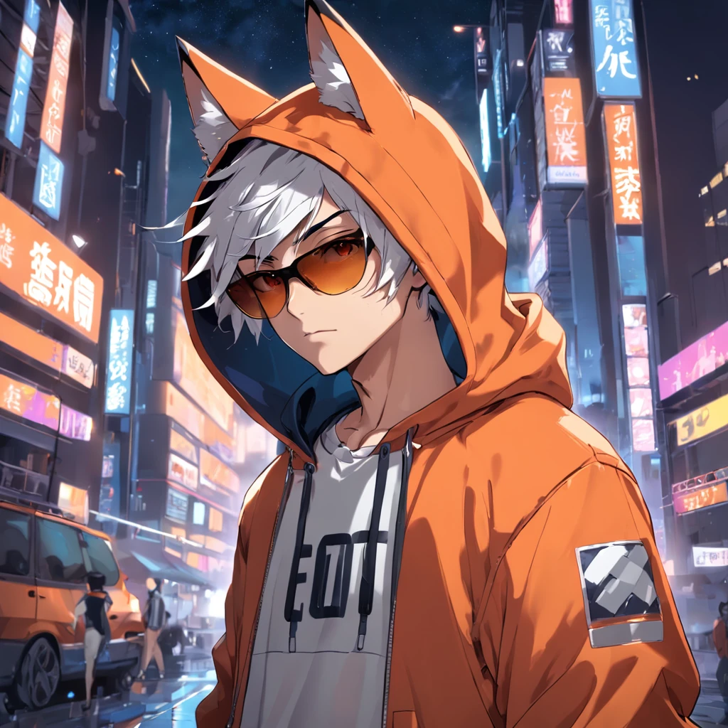 Create a male fox in the manga style wearing sweatshirt, obra-prima, melhor qualidade, usando fone de ouvido, e blusa moletom laranja, solo, noite, colorido, paisagem urbana, cyberpunk, pop da cidade, cinematic lighthing, Depth detection, hiper detalhada, 8k quality looking at the viewer in orange hoodie and sunglasses holding the phone, raposa, imagem do avatar, com roupa futurista, CGSetnação ),gostar, arte profissional
