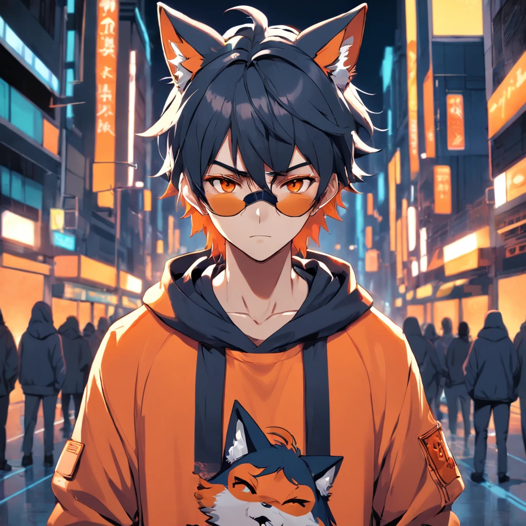Create a male fox in the manga style wearing sweatshirt, obra-prima, melhor qualidade, usando fone de ouvido, e blusa moletom laranja, solo, noite, colorido, paisagem urbana, cyberpunk, pop da cidade, cinematic lighthing, Depth detection, hiper detalhada, 8k quality looking at the viewer in orange hoodie and sunglasses holding the phone, raposa, imagem do avatar, com roupa futurista, CGSetnação ),gostar, arte profissional
