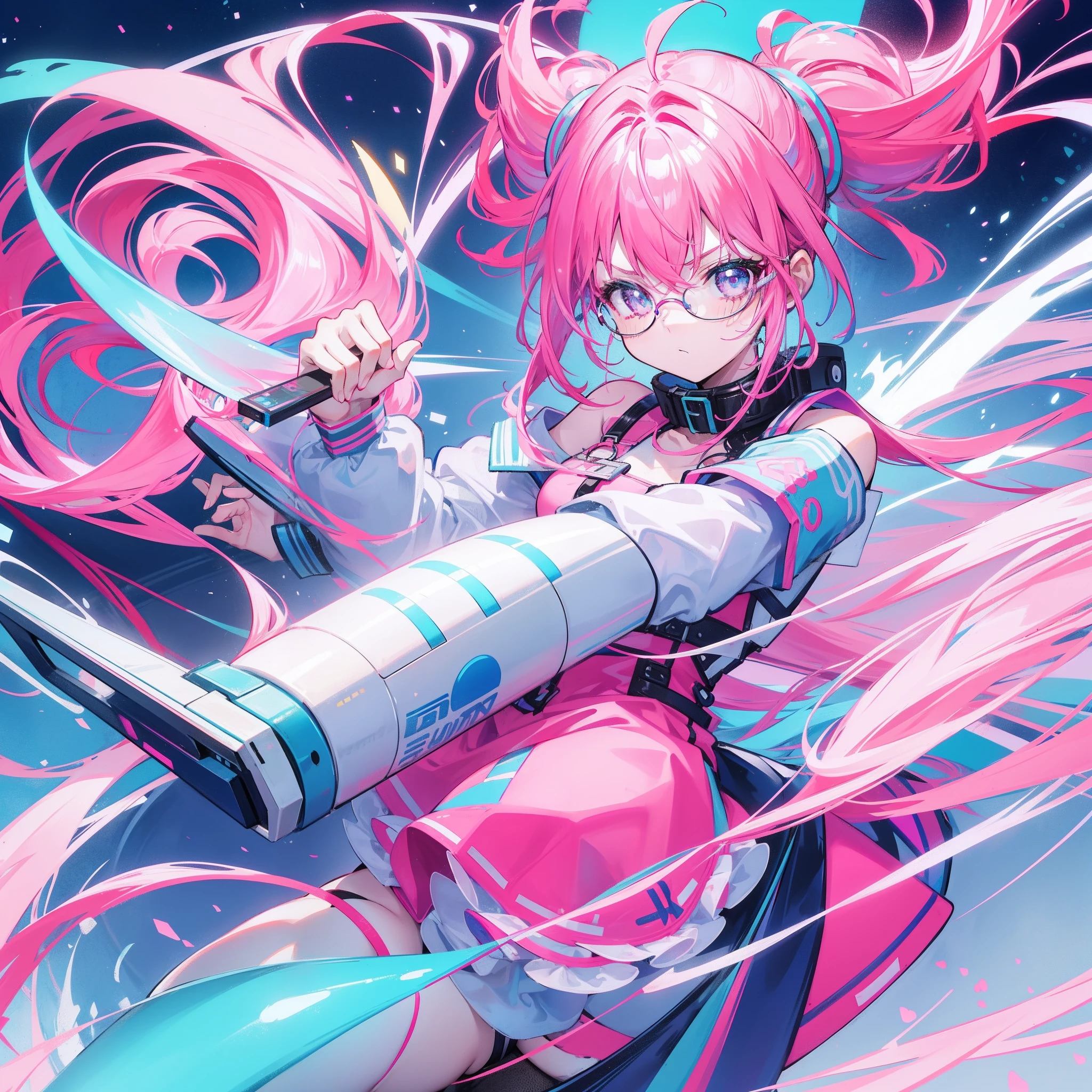Neon-like vivid blue gradient to bright pink hair,Tied with a high ponytail,With round thick-rimmed glasses,Pink collar,red colour,In pink,Yellow with cream dress,A cute girl who looks fierce