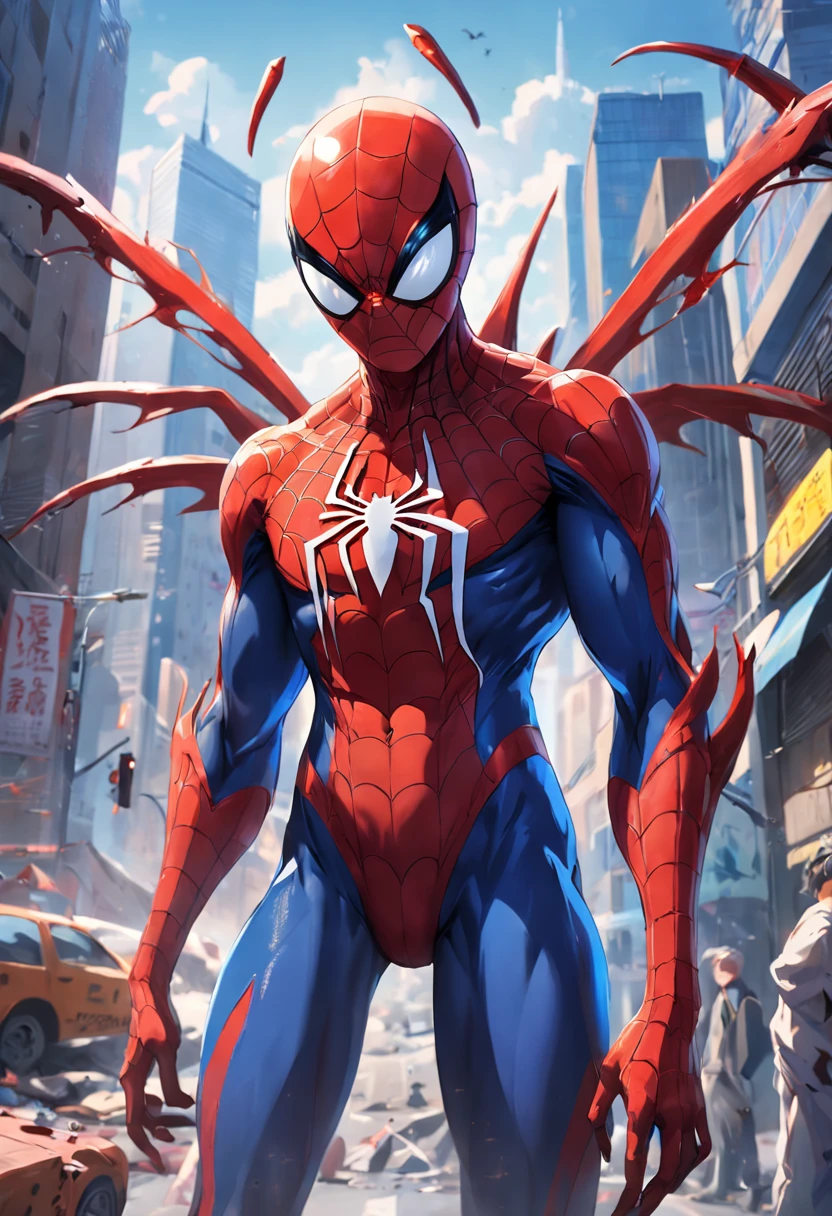 Invading aliens，wearing spiderman suit, Invasive insects，8 legs，uncanny，blood vess，，Murderous，Full body like，combats，The city was destroyed，of a real，Facial features are carefully depicted，Realistic skin texture，Dark style，depth of fields，high light，Real light，Ray traching，oc rendered，Hyper-realistic，best qualtiy，8K，Works of masters，super-fine，Detailed pubic hair，Correct anatomy，sharp focus on eyes，Bokeh，Facial features are carefully depicted