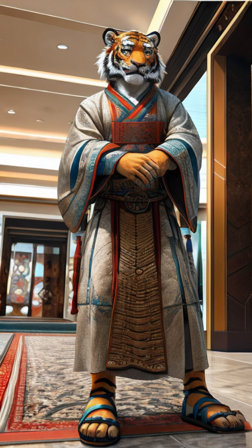 Bionic tiger,female,White Hanfu,sandals,Children,Standing on the carpet in the hotel,HD graphics,Detailed and realistic,high detal,high qulity,photo-realistic,photorealistic eye,Detailed paws,Clear eyes,Masterpiece artwork,Five-fingered hands,top-quality,32k,hyper HD