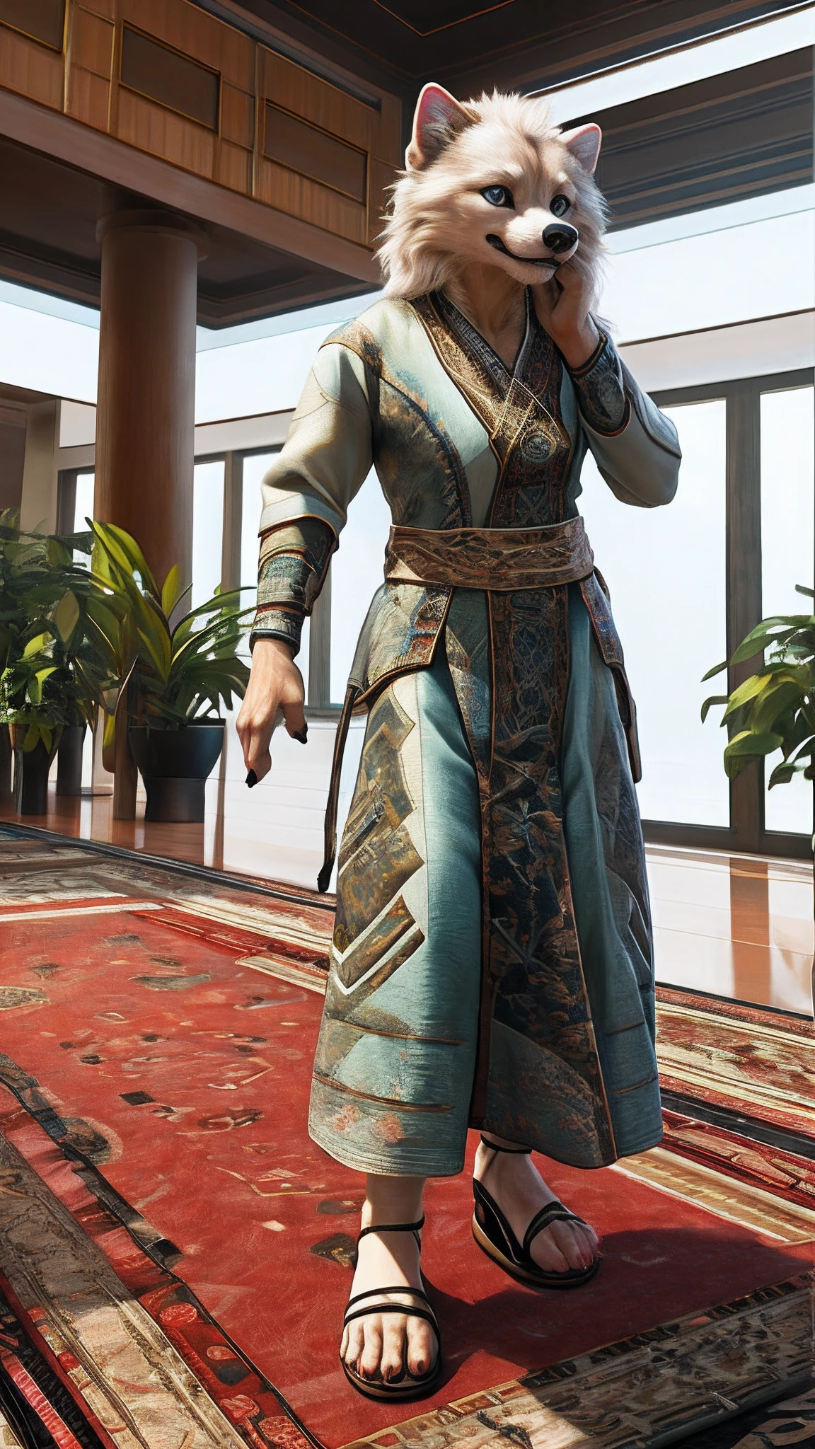 Bionic dog,female,White Hanfu,sandals,Children,Standing on the carpet in the hotel,HD graphics,Detailed and realistic,high detal,high qulity,photo-realistic,photorealistic eye,Detailed paws,Clear eyes,Masterpiece artwork,Five-fingered hands,top-quality,32k,hyper HD