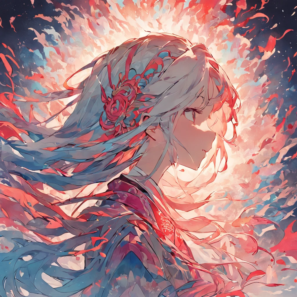 (White background:1.4),(Silhouette of a girl's head, Eyes closed, colorfull long hair, Oriental elements)，(Chinese illustration:1.3，paper art:1.3, Quilted paper art:1.2),( reasonable design, Clear lines, High sharpness,Best quality, Very detailed, Masterpiece, movie light effect, 4K )
