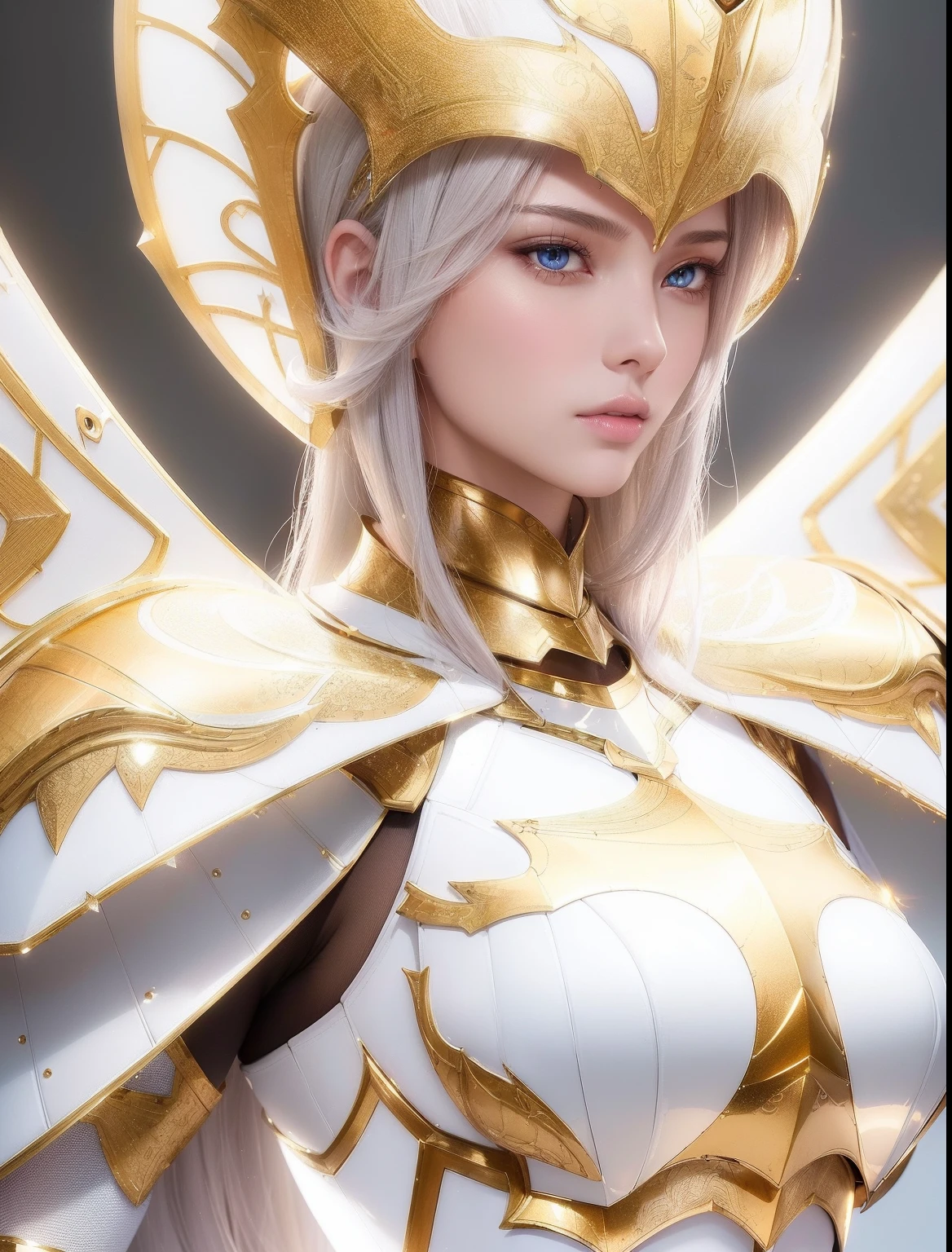 ((beauty slim shape)) perfect skin and perfect beauty face, hyperrealistic masterpiece, (((in extremely complex & superdetailed paladin armor))), cinematic illumination: 8k, symmetrical eyes, realistic, sharp focus, HD, highly detailed, intricate, photography, hyperrealism, hyperrealistic, film, studio portrait, detailed, dramatic lighting, maximum definition and sharpness, (((highly detailed external glowing lighting))), (((long hair)))