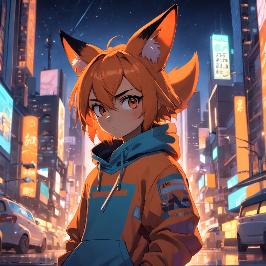 Create an adorable Pixar movie-style male fox wearing sweatshirt, obra-prima, melhor qualidade, usando fone de ouvido, e blusa moletom laranja, solo, noite, colorido, paisagem urbana, cyberpunk, pop da cidade, cinematic lighthing, Depth detection, hiper detalhada, 8k quality looking at the viewer in orange hoodie and sunglasses holding the phone, raposa, imagem do avatar, com roupa futurista, CGSetnação ),gostar, arte profissional