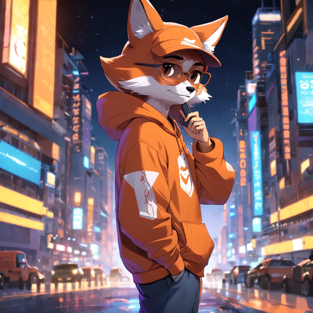 Create an adorable Pixar movie-style male fox wearing sweatshirt, obra-prima, melhor qualidade, usando fone de ouvido, e blusa moletom laranja, solo, noite, colorido, paisagem urbana, cyberpunk, pop da cidade, cinematic lighthing, Depth detection, hiper detalhada, 8k quality looking at the viewer in orange hoodie and sunglasses holding the phone, raposa, imagem do avatar, com roupa futurista, CGSetnação ),gostar, arte profissional