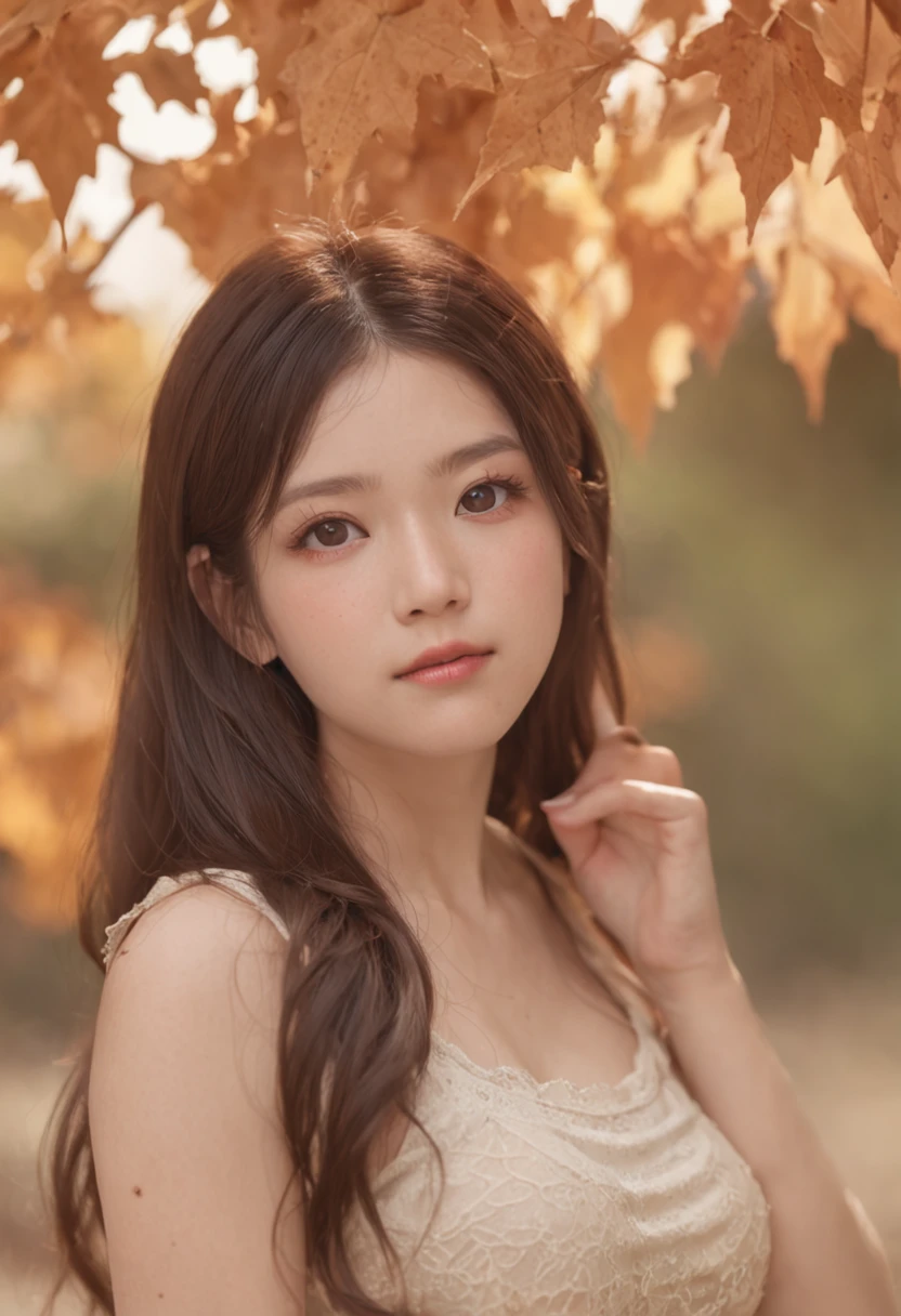 Small eyes、double tooth、Long rolled hairstyle、Little Fat Woman、20yr old、A dark-haired、angry looking face、Autumn landscape、Hair illuminated by the sun、hitornfreckles、tiny chest、Round Ass、Camisole、undergarment、full bodyesbian