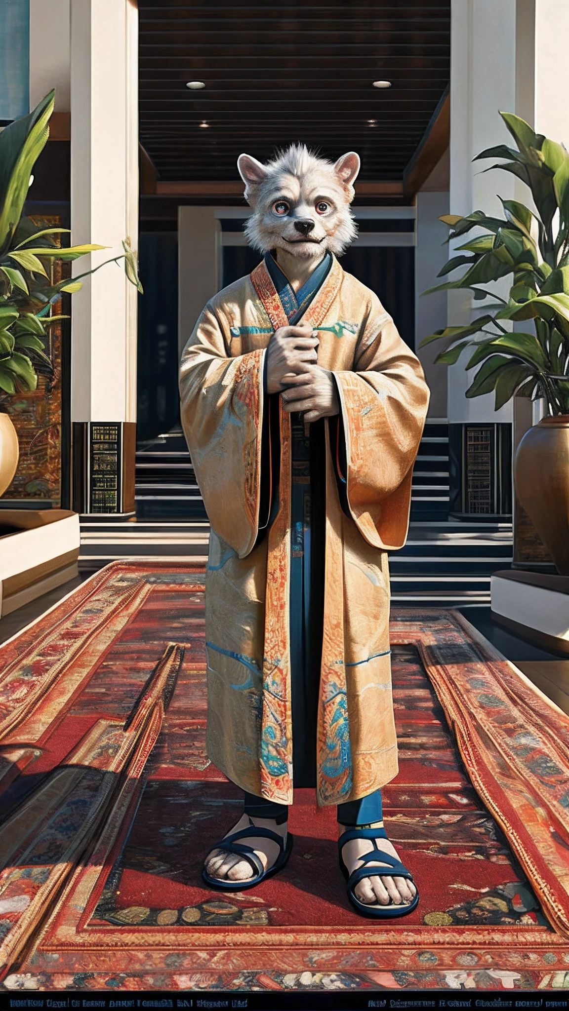 Bionic Boys,female,White Hanfu,sandals,Children,Standing on the carpet in the hotel,HD graphics,Detailed and realistic,high detal,high qulity,photo-realistic,photorealistic eye,Detailed paws,Clear eyes,Masterpiece artwork,Five-fingered hands,top-quality,32k,hyper HD