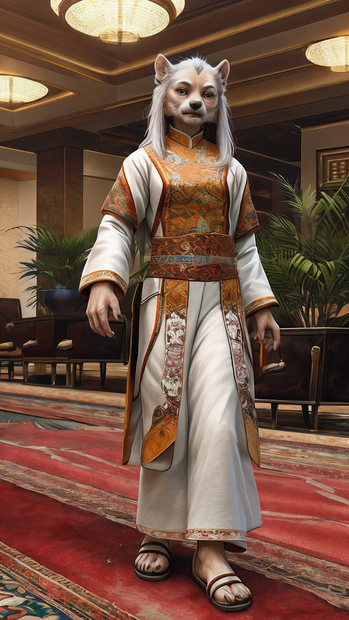 Bionic girl,female,White Hanfu,sandals,Children,Standing on the carpet in the hotel,HD graphics,Detailed and realistic,high detal,high qulity,photo-realistic,photorealistic eye,Detailed paws,Clear eyes,Masterpiece artwork,Five-fingered hands,top-quality,32k,hyper HD