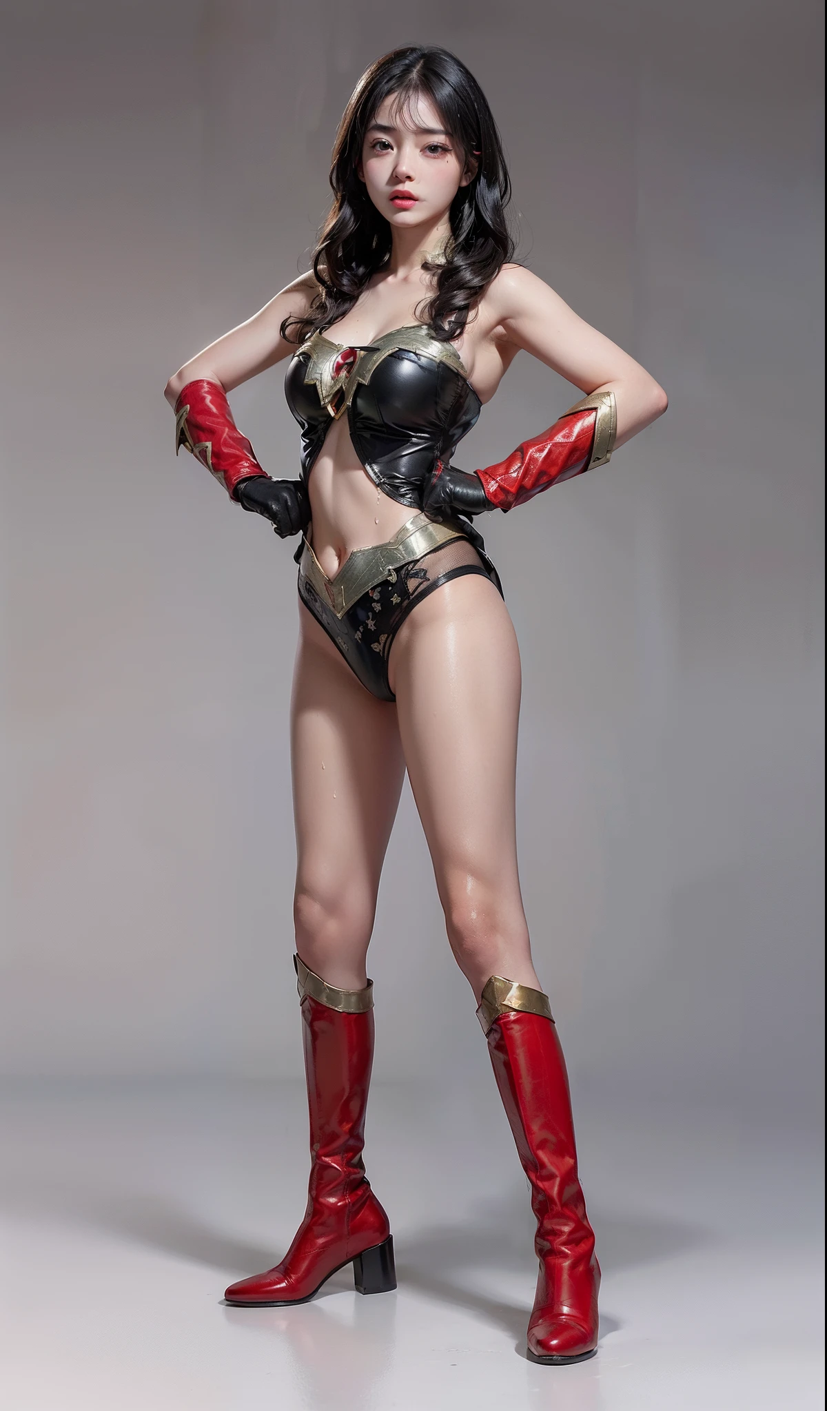(((Make the most of the original image)))、(((Be sure to wear black tights)))、(((Wonder Girl Costume)))、(((lustrous dark hair)))、(((Wear red boots)))、((Top image quality、8K))、((top-quality、8K、​masterpiece:1.3))、Crisp focus:1.2、Beautiful woman with perfect body shape:1.4、Slender Abs:1.2、((layers-Cut、large boob:1.2))、a wet body:1.5、Highly detailed facial and skin texture、