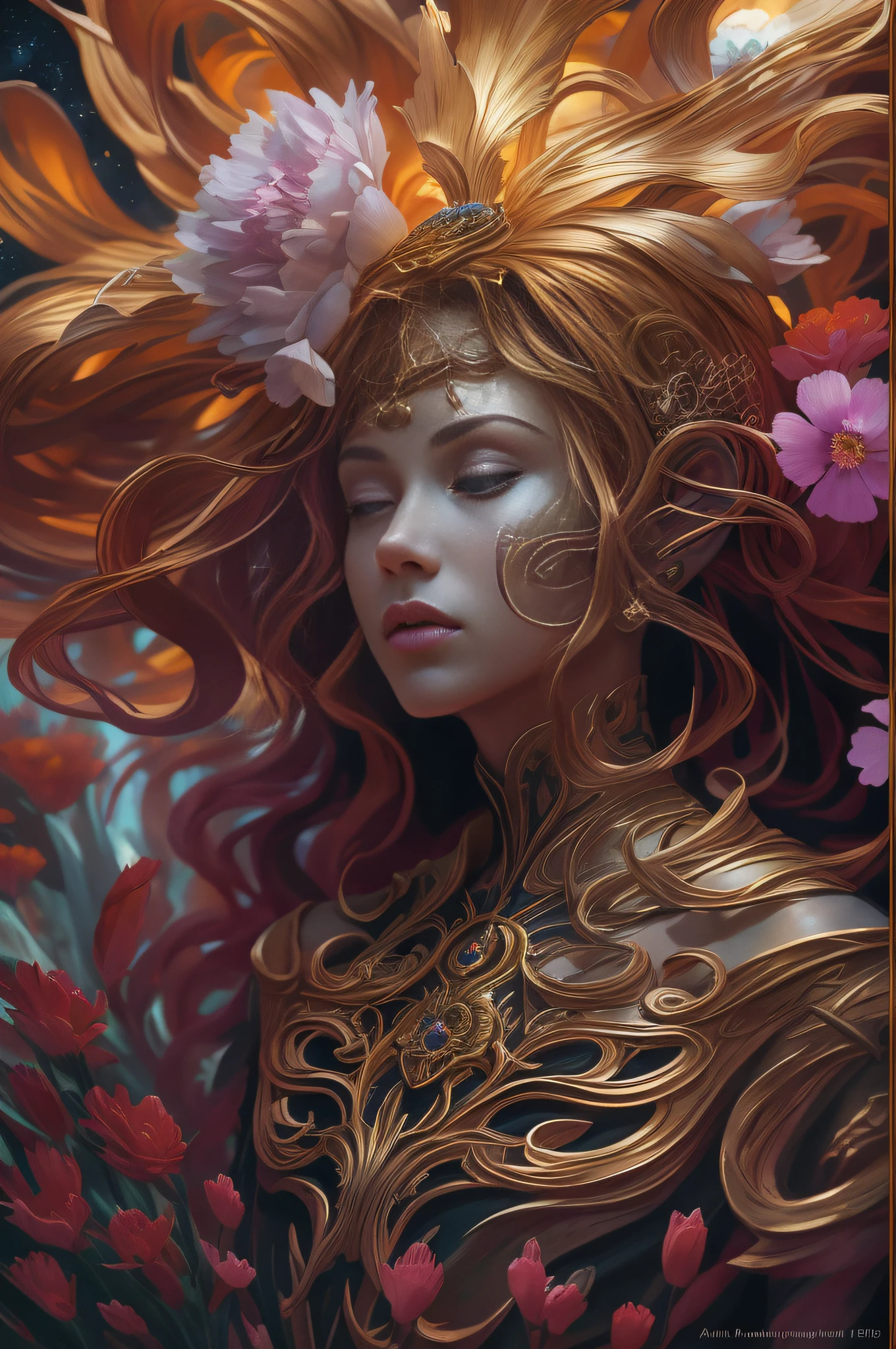 Hippie portrait PIC ,Dramatic Caravaggio lights , Perfect Clean Face God 2023 Beautiful underwater characters in lush jungle , Dressed in gorgeous pale gold champagne, the Cian metal address mixes Philippe Tracy and Pogiati,Type of textile, With pearls and flowers in the Atlantic , ultra detailed artistic photography, Sci-fi, techwear outfits, Looking directly at, Depth of field, elegant, Highly detailed, Digital painting, art stations, concept-art, smooth, Sharp focus, illustration, The Art of Gr, midnight aura, Night sky, Dreamy, The light from the back window is backlighted, Glamour, glimmer, Shadows, hyper HD, 12K, Unreal Engine 5, super sharp focus, art by alberto seveso, Art germ, loish, sfv, masterpiece of intricate artwork, Ominous, matte painting film poster, Golden ratio, trending on CGSociety, Intricate, Epic, trending on artstationh, By Artgerm, h. r. Giger and Beksinski, Highly detailed, vibrant, production cinematic character render, Super high quality Modleg Rutkovsk 3D flower