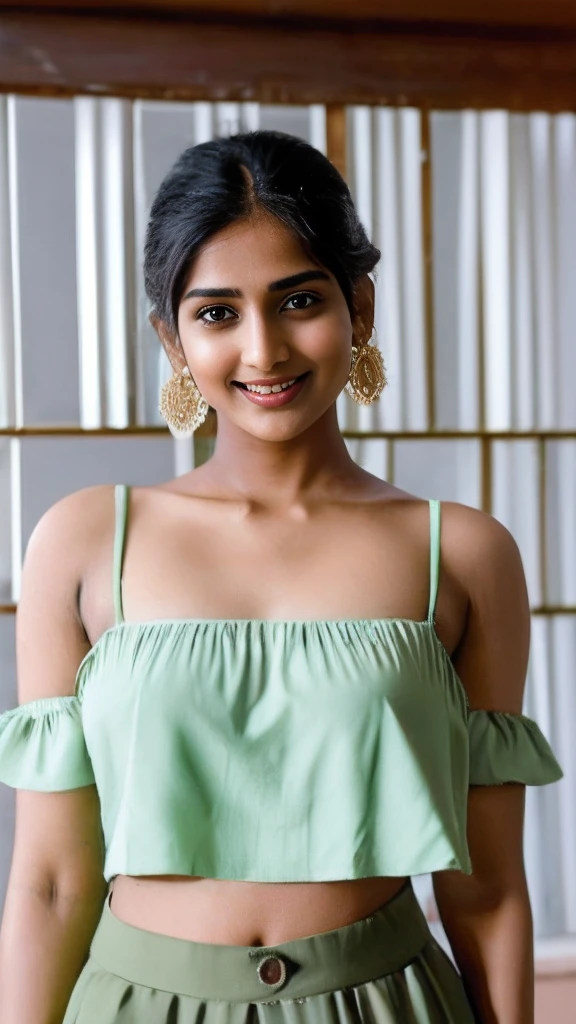 Portrait of indian model girl tamanna in a crop top posing for a picture,with lovely look, with an elegant smile, traditional beauty, with a beautifull smile, elegant smiling pose, with a happy expression, elegant yellow skin, very beautiful enga style, traditional, professional 8k high detail photo of ara333 looking at the camera