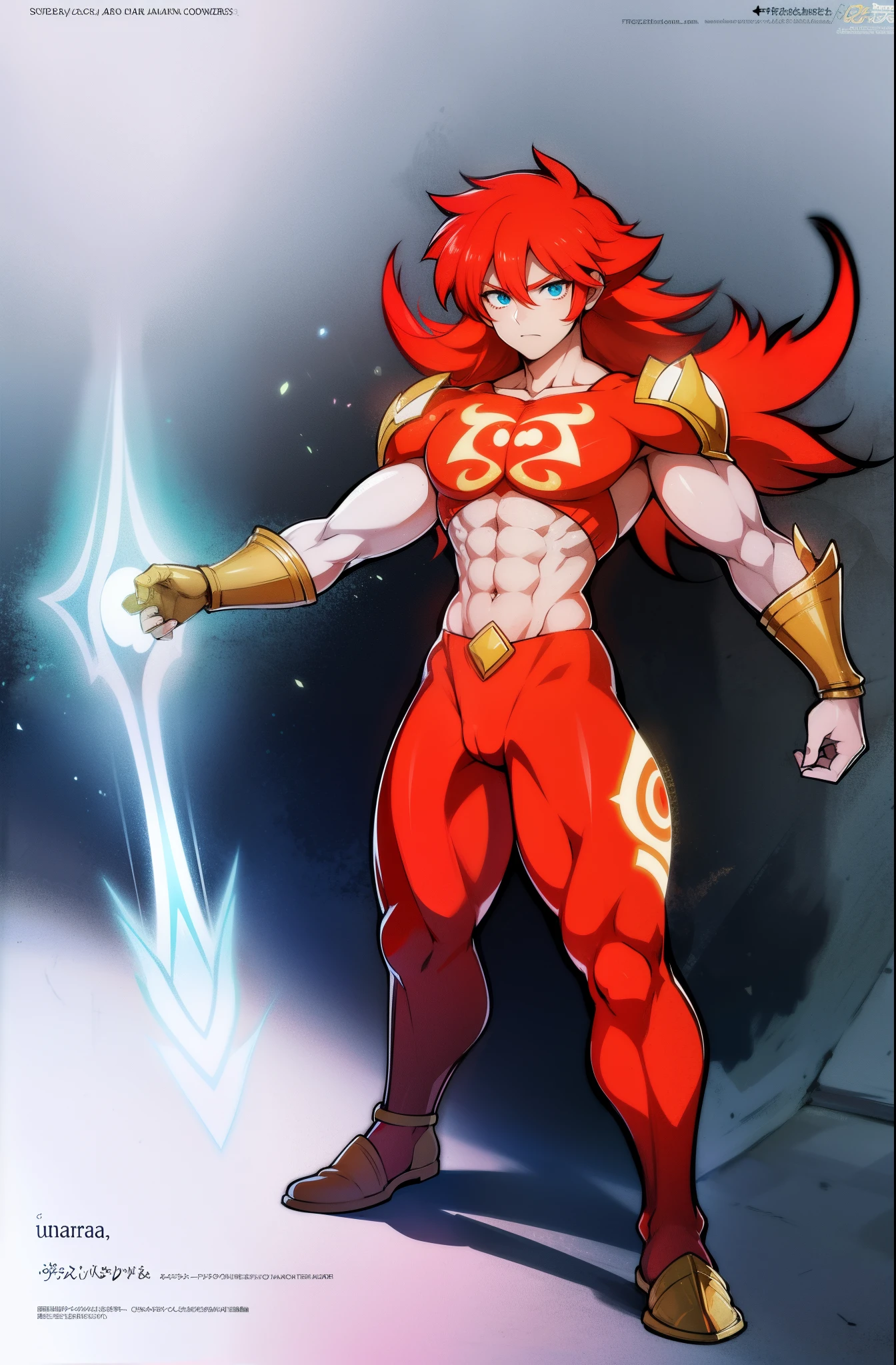 Aur-Urah, the Light Fairy, red hair, aura, muscular male, light body, full body, pants, armor, pullover, gloves, full clothed, solo focus