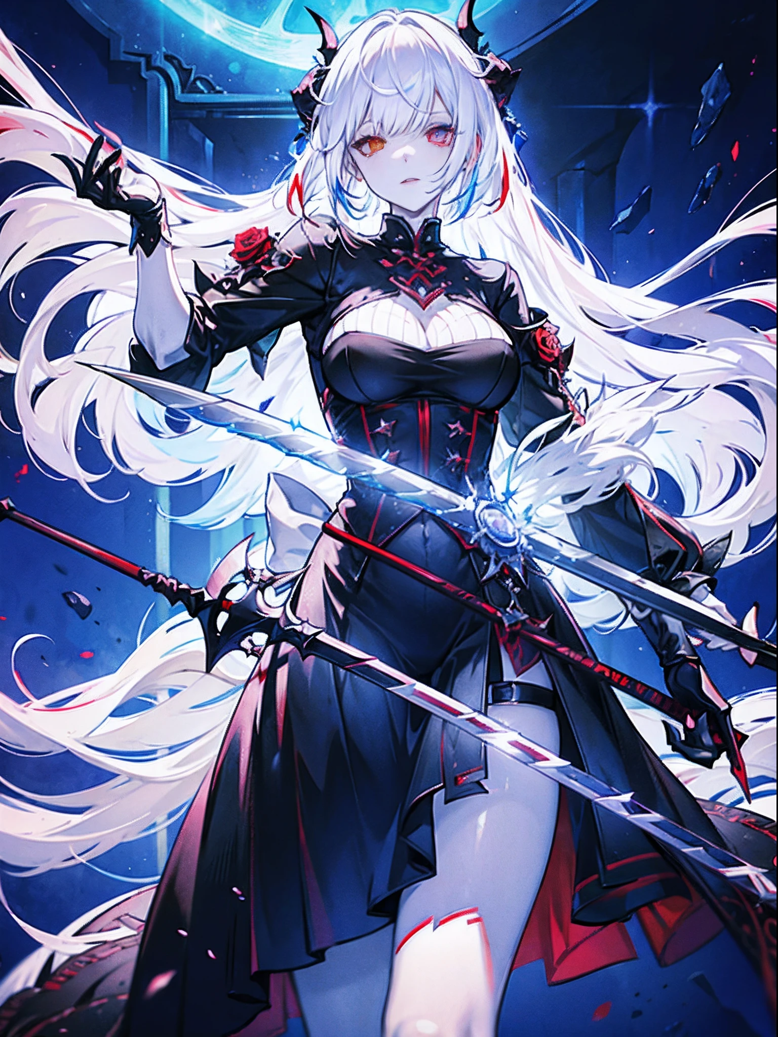 Evil white-haired demon, Great sword, Sexy Outfit, Heterochromia eye, Black, Red Moon and Blue Roses, Fantasy background