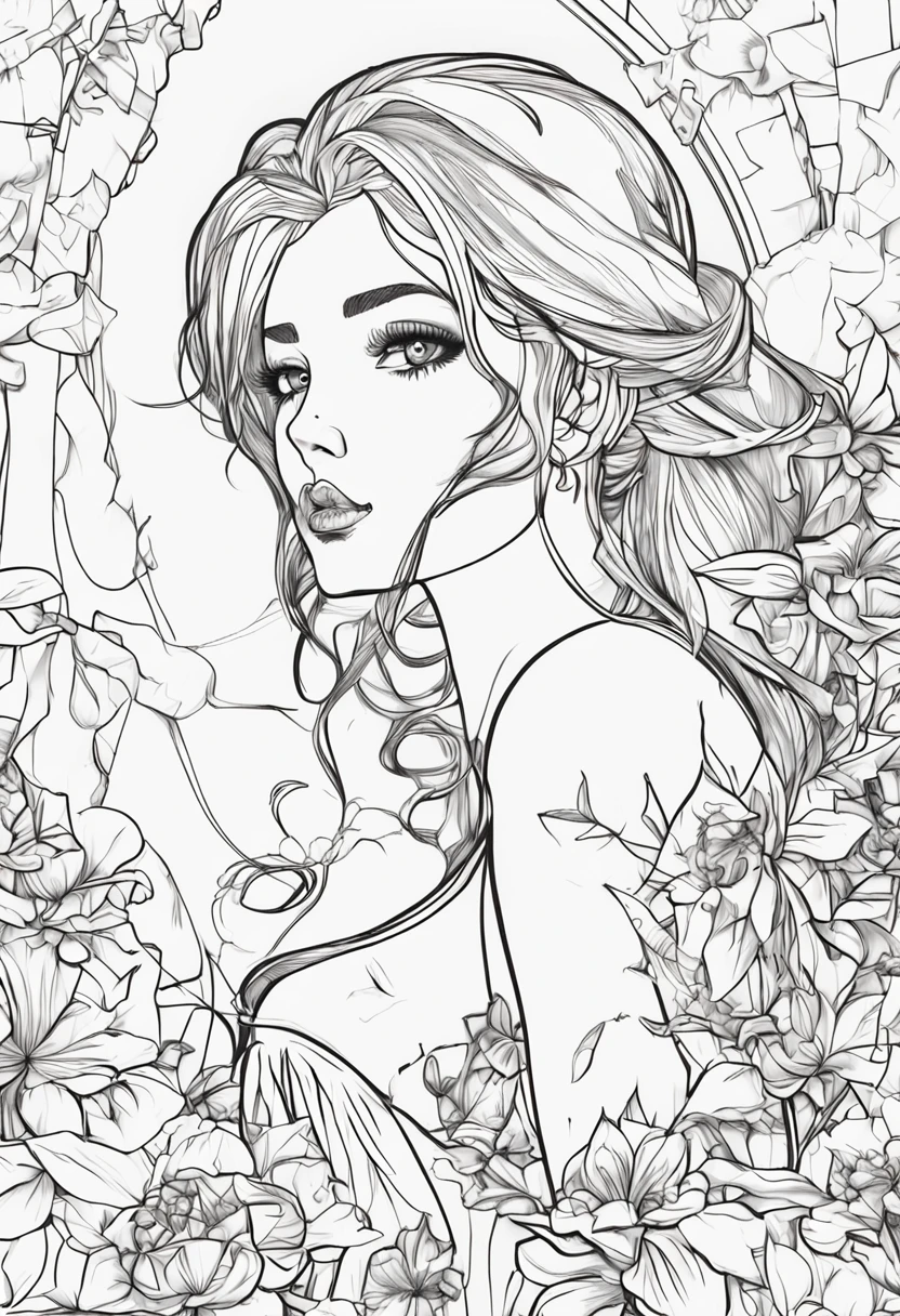 sexy anime girl+black and white+(coloring pages:0.8)