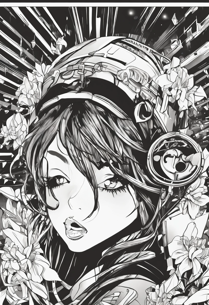 sexy anime girl+black and white+(coloring pages:0.8)