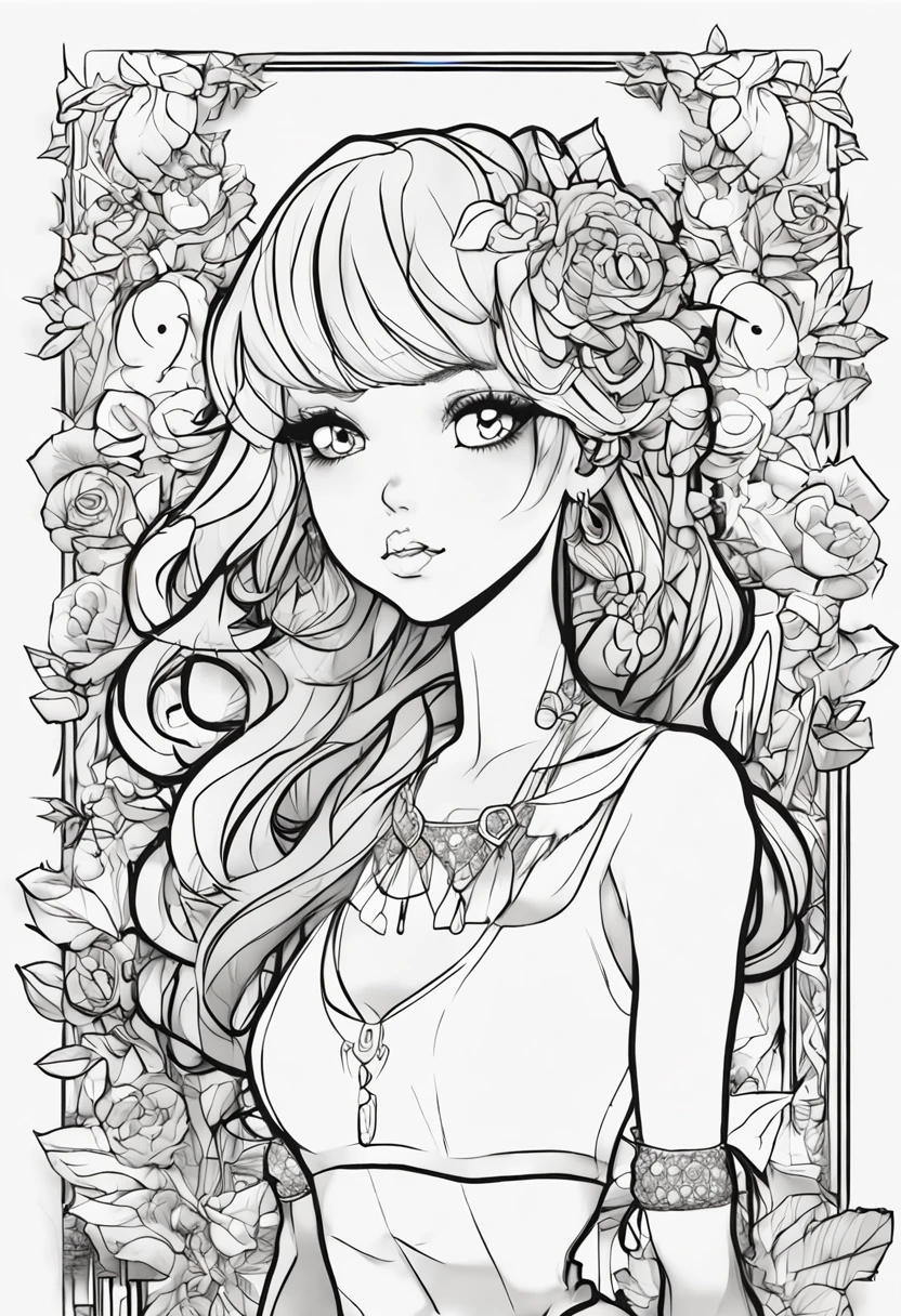 sexy anime girl+black and white+(coloring pages:0.8)