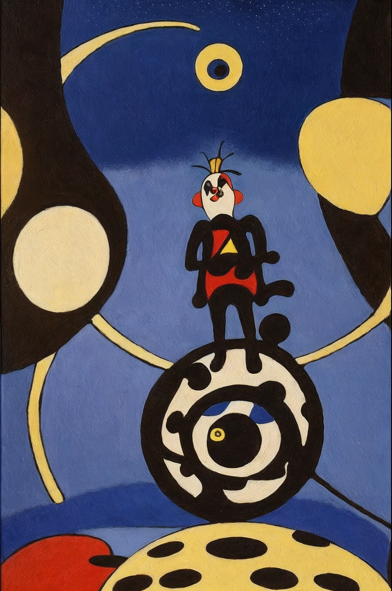 (((Artistic Masterpiece))) (((Joan Miró Style))) (((Oil Painting))) A man looking up at the sky, in a full-length shot, on a desert plain at night with a full moon and a sky filled with stars. The image should evoke the unique abstract and surrealistic style of Joan Miró, represented as if it were painted in oil, with a worm's-eye view perspective and using natural light from the moon and stars. (((Intense Emotion))) (((Vivid Colors)))