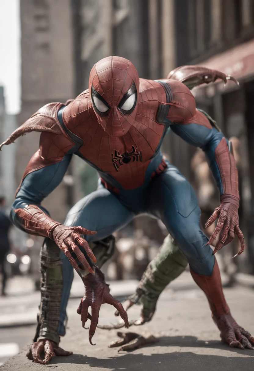 Invading aliens，wearing spiderman suit, Invasive insects，8 legs，uncanny，blood vess，，Murderous，Full body like，combats，The city was destroyed，of a real，Facial features are carefully depicted，Realistic skin texture，Dark style，depth of fields，high light，Real light，Ray traching，oc rendered，Hyper-realistic，best qualtiy，8K，Works of masters，super-fine，Detailed pubic hair，Correct anatomy，sharp focus on eyes，Bokeh，Facial features are carefully depicted
