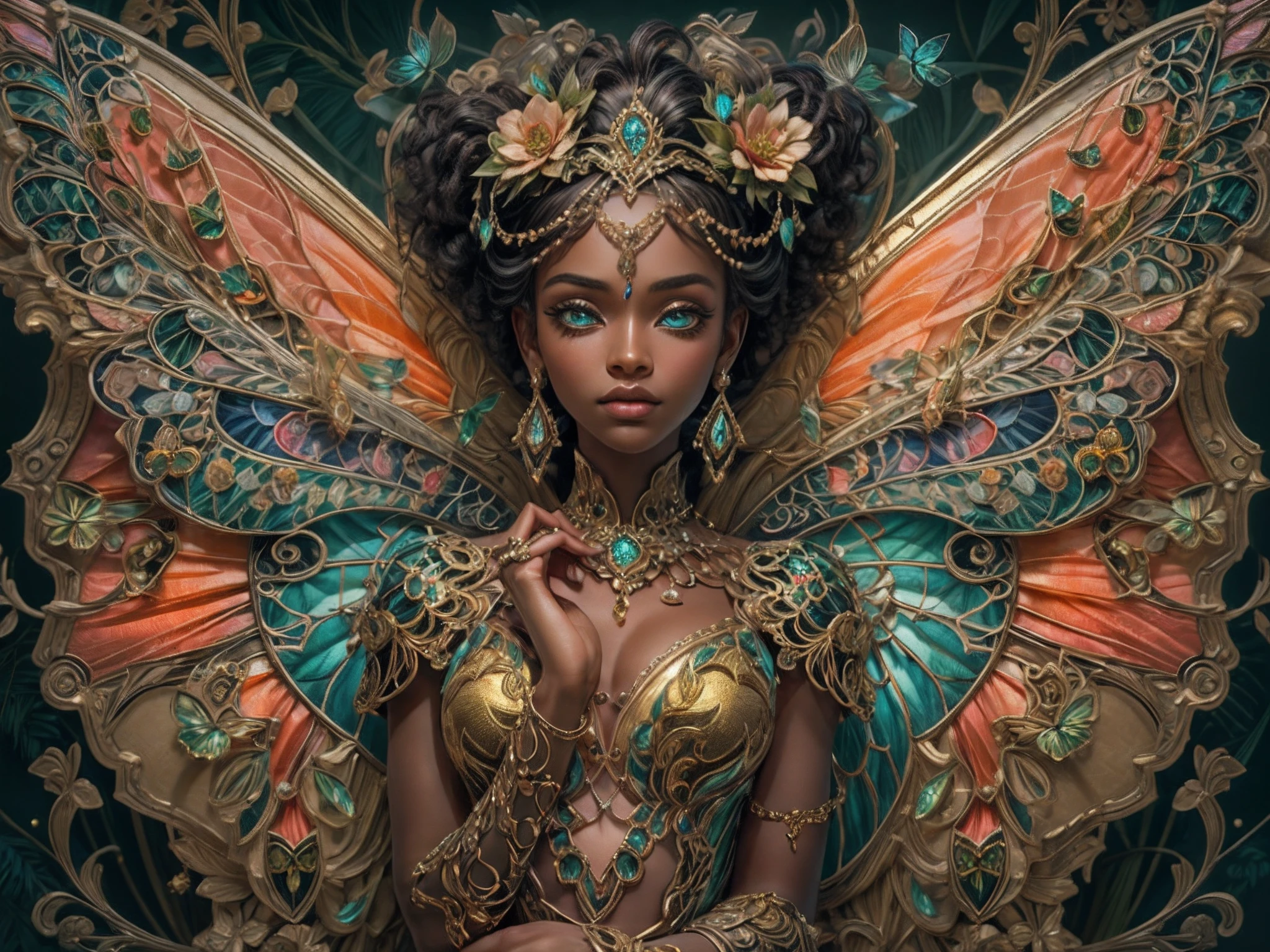 This is an elegant and ornate fantasy masterpiece with a lot of shimmer, glitter, and intricate ornate detail. Generate a petite Jamaican woman resting on a gilded and flowered garden swing at night. Her eyes are ultra-detailed with intricate realistic shading and bold, bright hues. She is a beautiful and seductive butterfly queen with stunning curly black hair, (((incredibly realistic and detailed dynamic eyes in bright colors with realistic shading))). She wears a delicate and elegant crown and a gown spun from luxurious gossamer silk and satin with subtle, intricate, and hand-embroidered bodice detailing as well as subtle floral detailing and gold silk butterfly sleeves. Her face is lovely and lonely. Include glow-in-the-dark flowers, lots of particles, highly realistic fantasy butterflies with translucent jewel-toned wings and fine detailing, and glow. The artwork is done in the style of Guviz and brings to mind masters in the genre such as trending fantasy works on Artstation and Midjourney. Camera: Utilize dynamic composition techniques to emphasize etherealness and delicate detail. The colors in this artwork are saturated, romantic, and rich.
