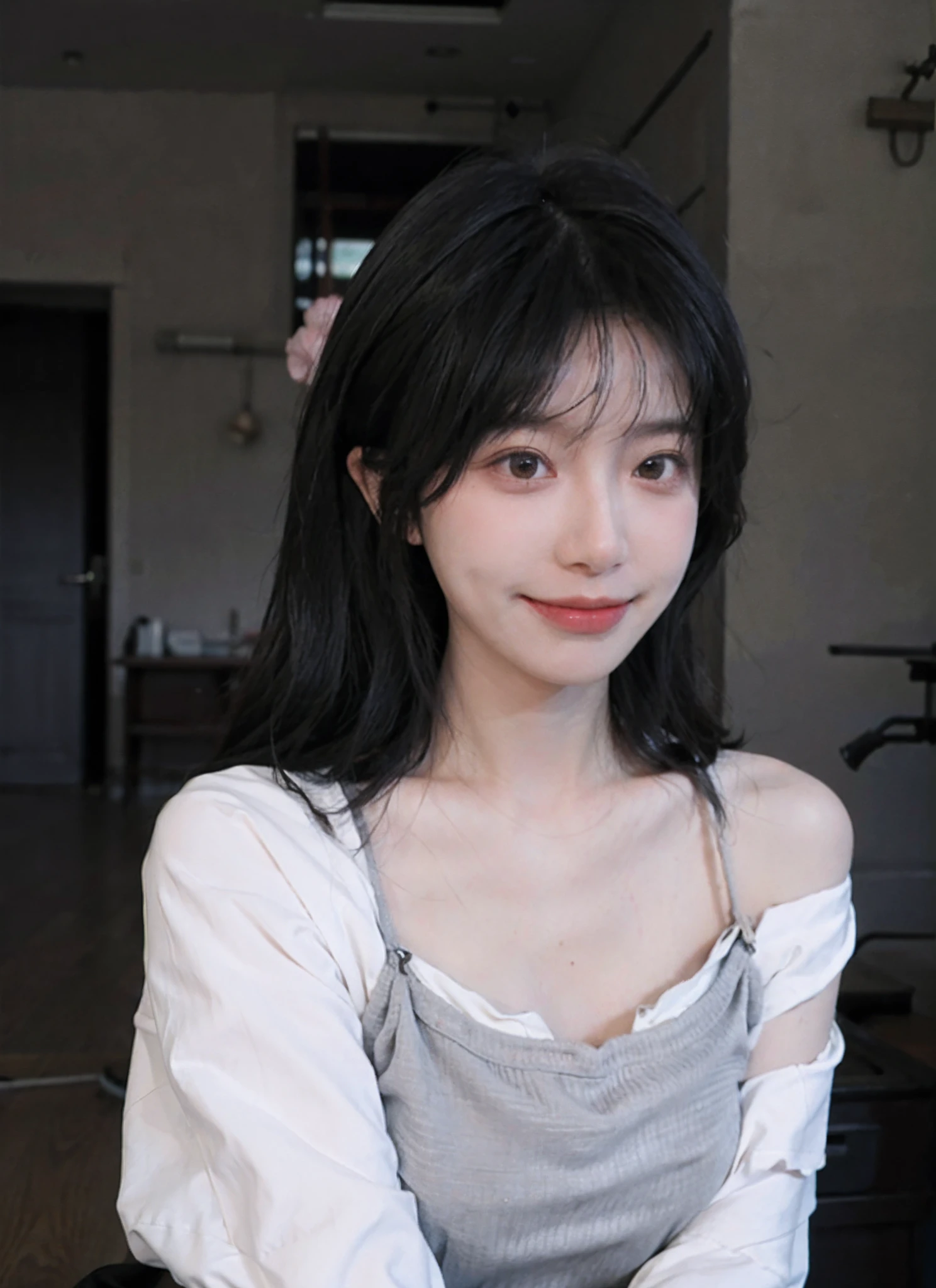 best qualtiy, 超高分辨率, (realisticlying:1.4), one-girl,ssmile, A pair of clear and moving peach blossom eyes,Royal Sister,Off-shoulder white shirt, Black tight skirt, (Faded gray-gray hair:1), (big cleavage breasts:1.2), looking at viewert, closeup cleavage ,