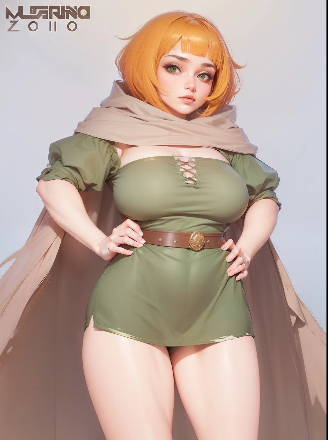 Mulher realista, cabelo laranja, roupa verde, capa