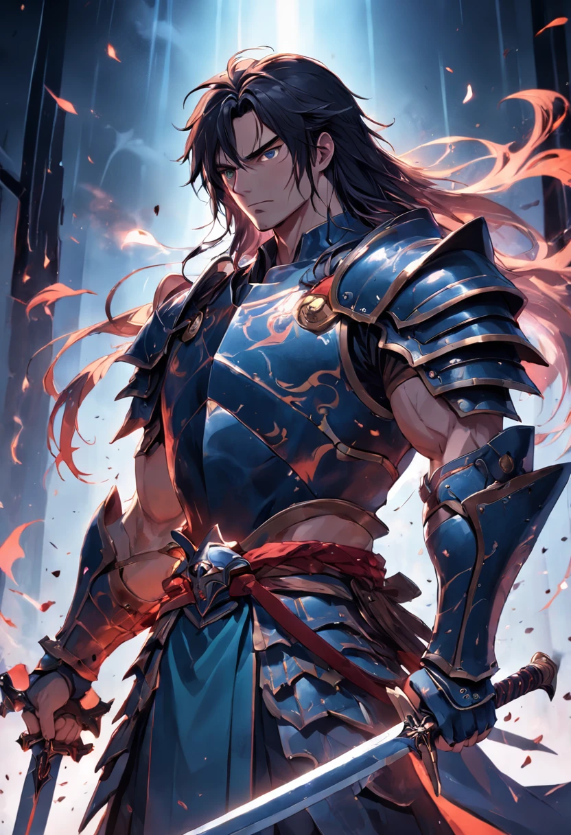 a man with a sword and armor, strong, long-haired, height 1.60,