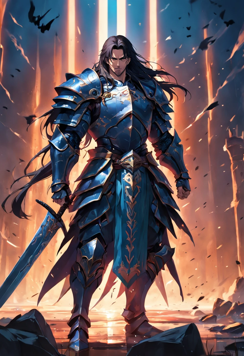 a man with a sword and armor, strong, long-haired, height 1.60,