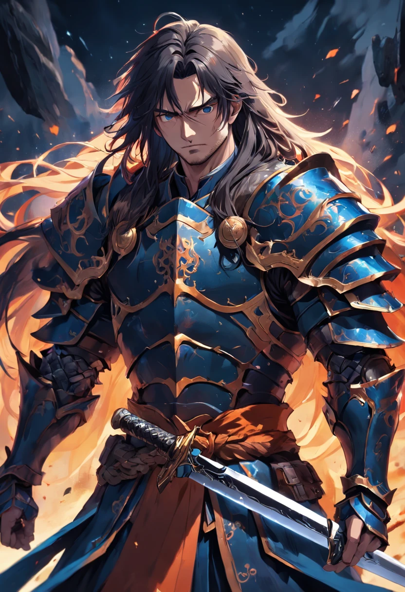 a man with a sword and armor, strong, long-haired, height 1.60,