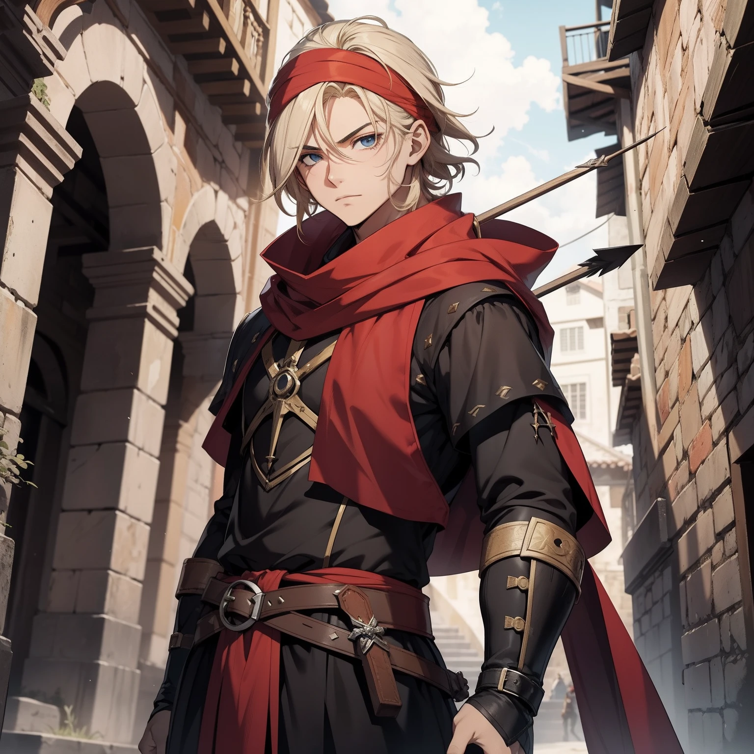 estilo anime antigo, melhor qualidade, estilo RPG, garoto anime, 1 menino, jovem, masculino, blonde hair, cabelo loiro longo solto, franja dividida na frente, olhos vermelhos, olhos extremamente detalhados vermelhos, face masculina, rosto arredondado, bandana, bandana vermelha por debaixo dos cabelos, roupa medieval vermelha com detalhes em azel, arqueiro, bow and arrow in the hands, RPG, medieval