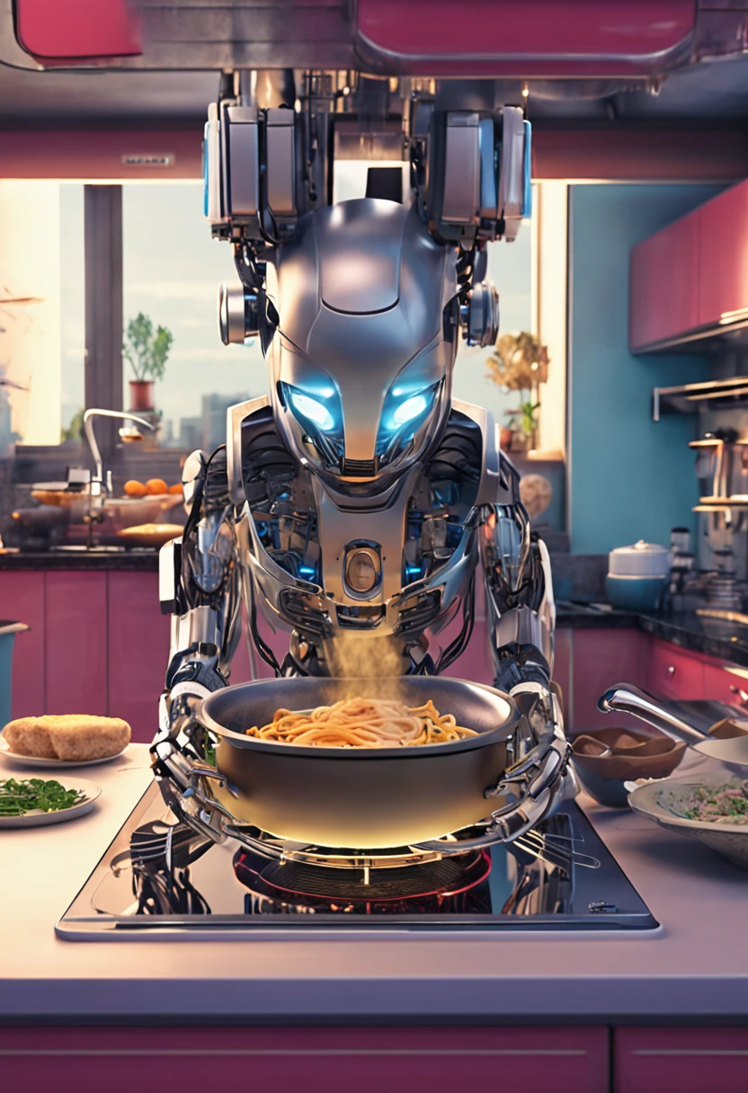 A robot cooking noodle,In the modern kitchen,depth of fields,photorealestic,c4d