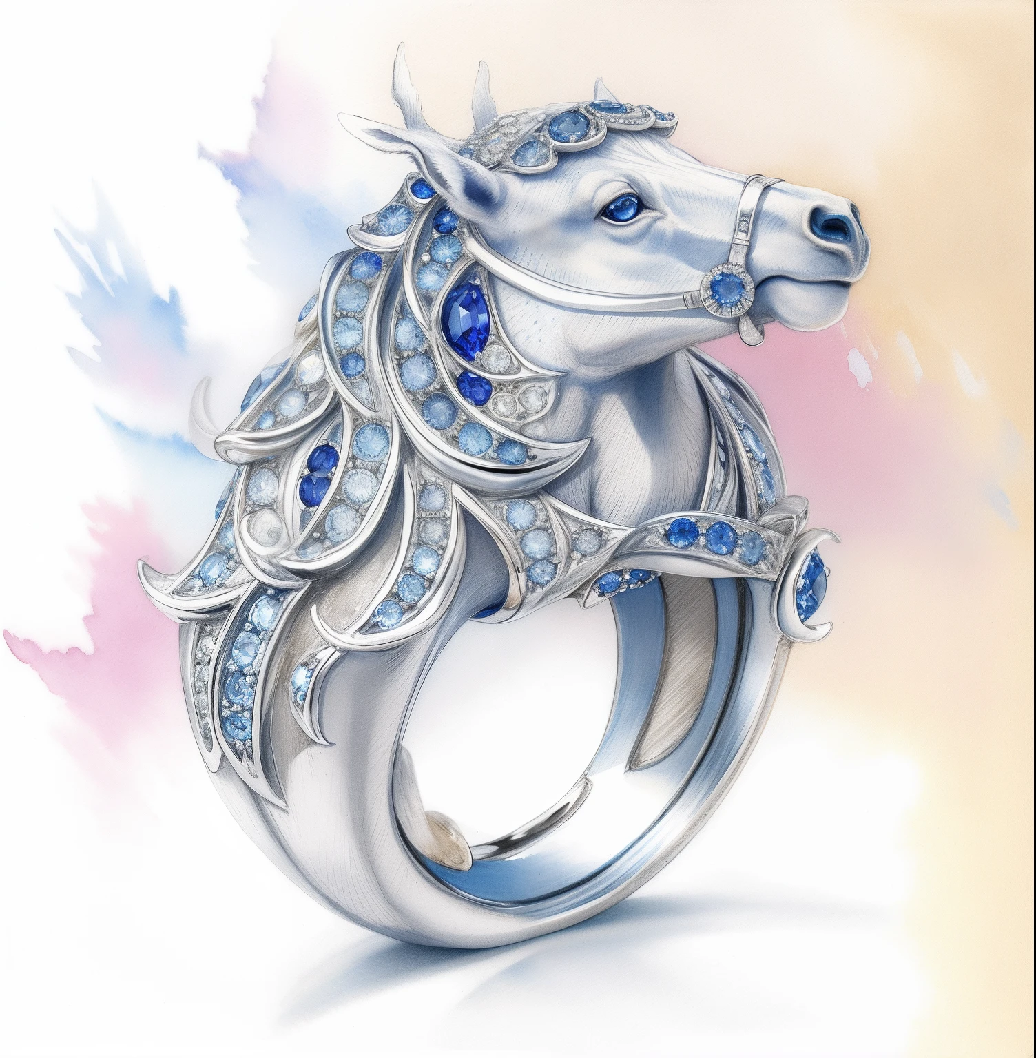 Horse white gold ring,Round diamonds,sapphires,Sketch,aquarelle