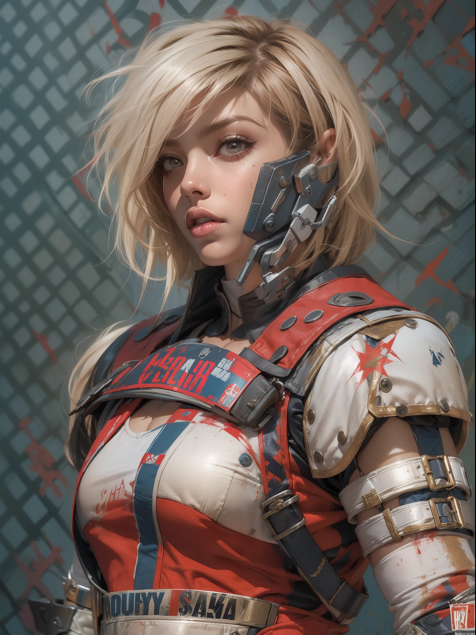(((mulher))), (((melhor qualidade))), (((obra prima))), (((adulto))), (((1girl))), ((( corte de cabelo bob ))), Uma gladiadora cyberpunk mulher de 25 anos com corpo perfeito, shoulder pads with metal spines, Gladiadores do Brooklyn, (( corte de cabelo bob )), tiny leather panties, camiseta de time de rugby rasgada, quase nua no estilo selvagem urbano de Simon Bisley para a capa da revista Heavy Metal, Cabelo loiro curto, Minimum clothing, Metal protection on the left arm with intricate graphics, Dark red with white stars and white and navy blue checkerboard pattern, armadura, cheio de pontas e rebites, (((do joelho pra cima))), cabelos loiro branco curto, no fundo uma parede pintada por Shepard Fairey com um design intrincado
