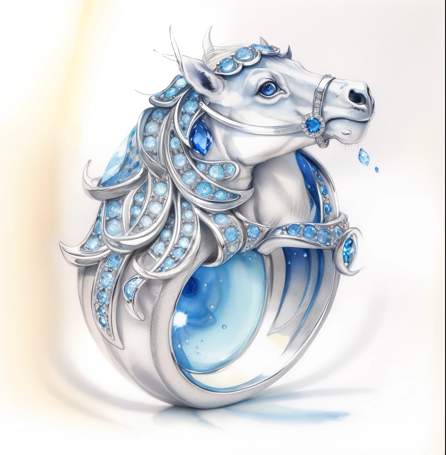 Horse white gold ring,Round diamonds,sapphires,Sketch,aquarelle