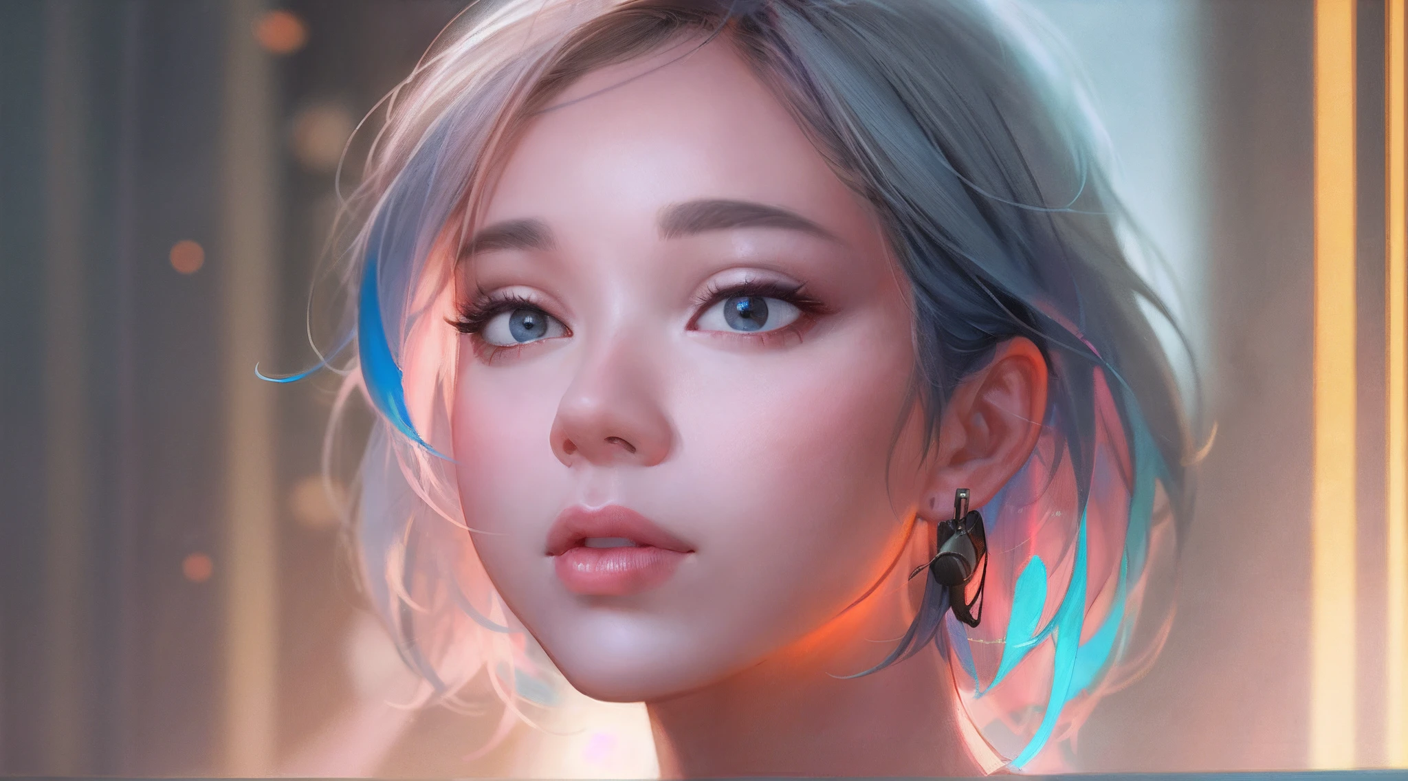 Woman with blue hair and headphones, inspired by Yanjun Cheng, Guviz-style artwork, 8K Artgerm bokeh, realistic art style, photorealistic art style, realism art style, Rosla global lighting, stunning digital illustration, Realistic digital art 4 K, Realistic digital art 4K, rossdraws portrait