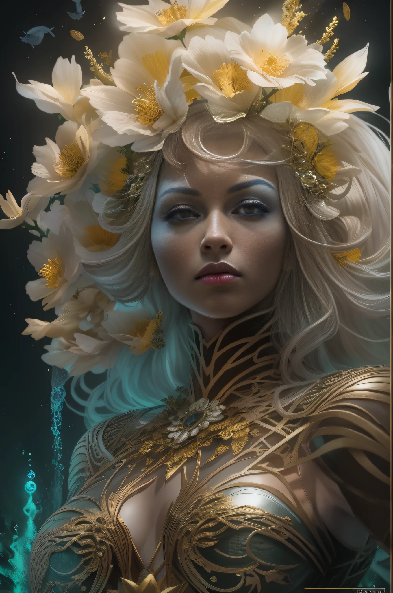 Hippie portrait PIC ,Dramatic Caravaggio lights , Perfect clean face god 2023 Beautiful underwater characters in lush jungle , Dressed in gorgeous pale gold champagne, The Cian metal address is a mix of Philippe Tracy and Pogiati,Types of textiles, Pearls and flowers of the Atlantic , ultra detailed artistic photography, Sci-fi, techwear outfits, Looking directly at, Depth of field, elegant, Highly detailed, Digital painting, art stations, concept-art, smooth, Sharp focus, illustration, The Art of Gr, midnight aura, Night sky, Dreamy, The light from the back window is backlighted, Glamour, glimmer, Shadows, hyper HD, 12K, Unreal Engine 5, super sharp focus, art by alberto seveso, Art germ, loish, sfv, masterpiece of intricate artwork, Ominous, matte painting film poster, Golden ratio, trending on CGSociety, Intricate, Epic, trending on artstationh, By Artgerm, h. r. Giger and Beksinski, Highly detailed, vibrant, production cinematic character render, Super high quality Modre Grutkovsk 3D flower