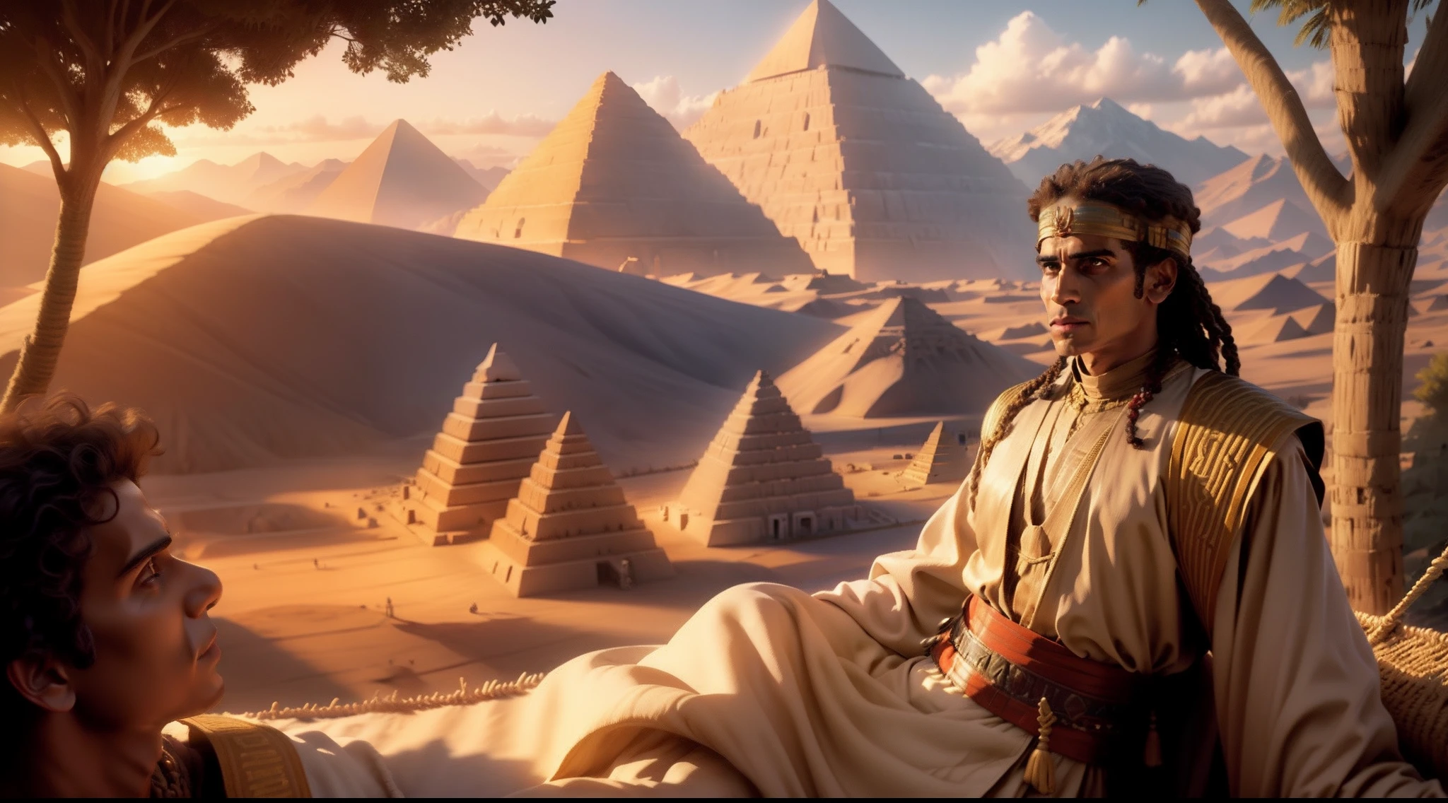 An mid age Egyptian man from biblical era dressed in traditional garments, in a hammock, gazing upon the majestic pyramids.