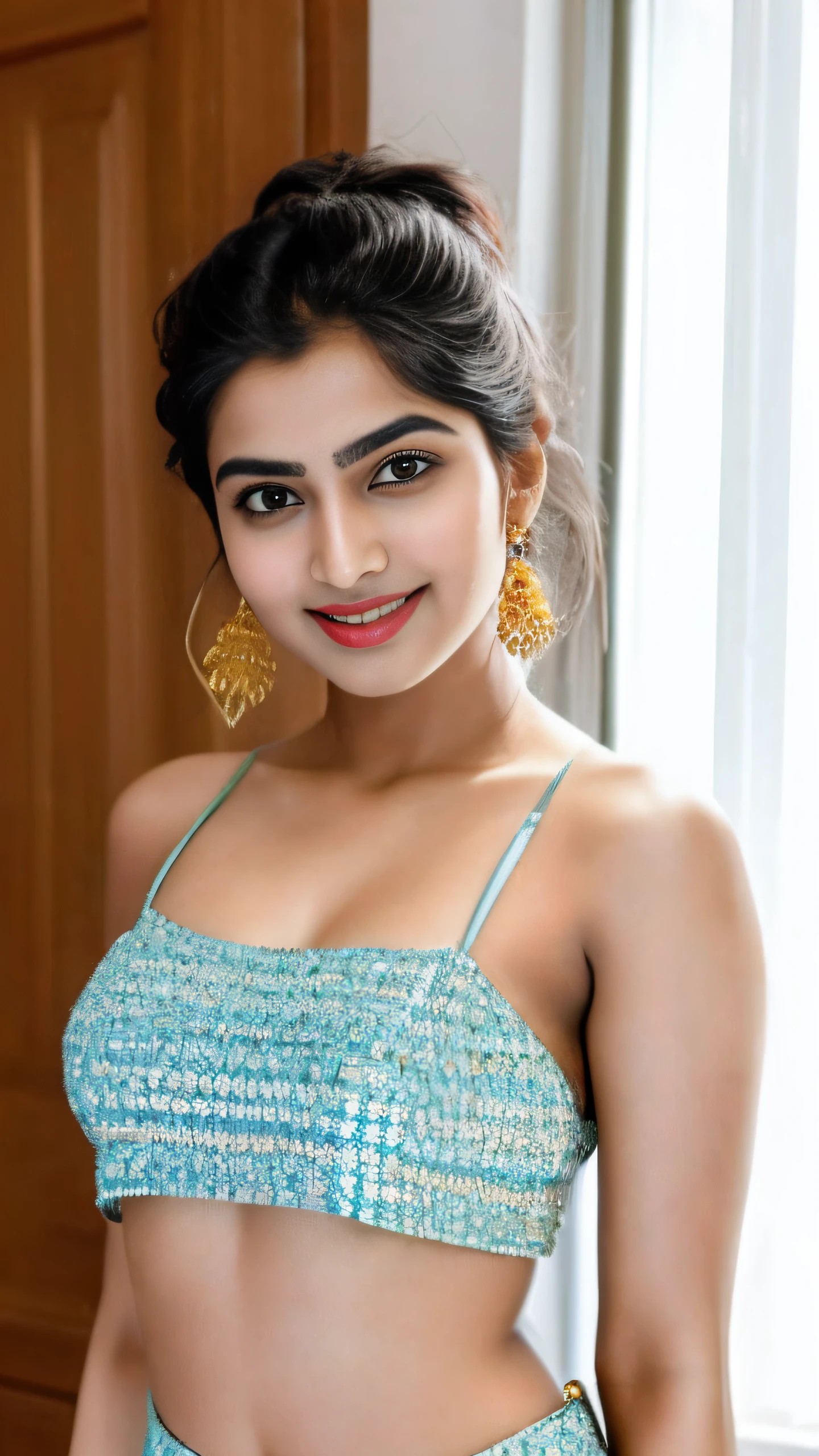 Portrait of indian model girl tamanna in a  crop top posing for a picture,with lovely look, with an elegant smile, traditional beauty, with a beautifull smile, elegant smiling pose, with a happy expression, elegant yellow skin,  very beautiful enga style, traditional, professional 8k high detail photo of ara333 looking at the camera