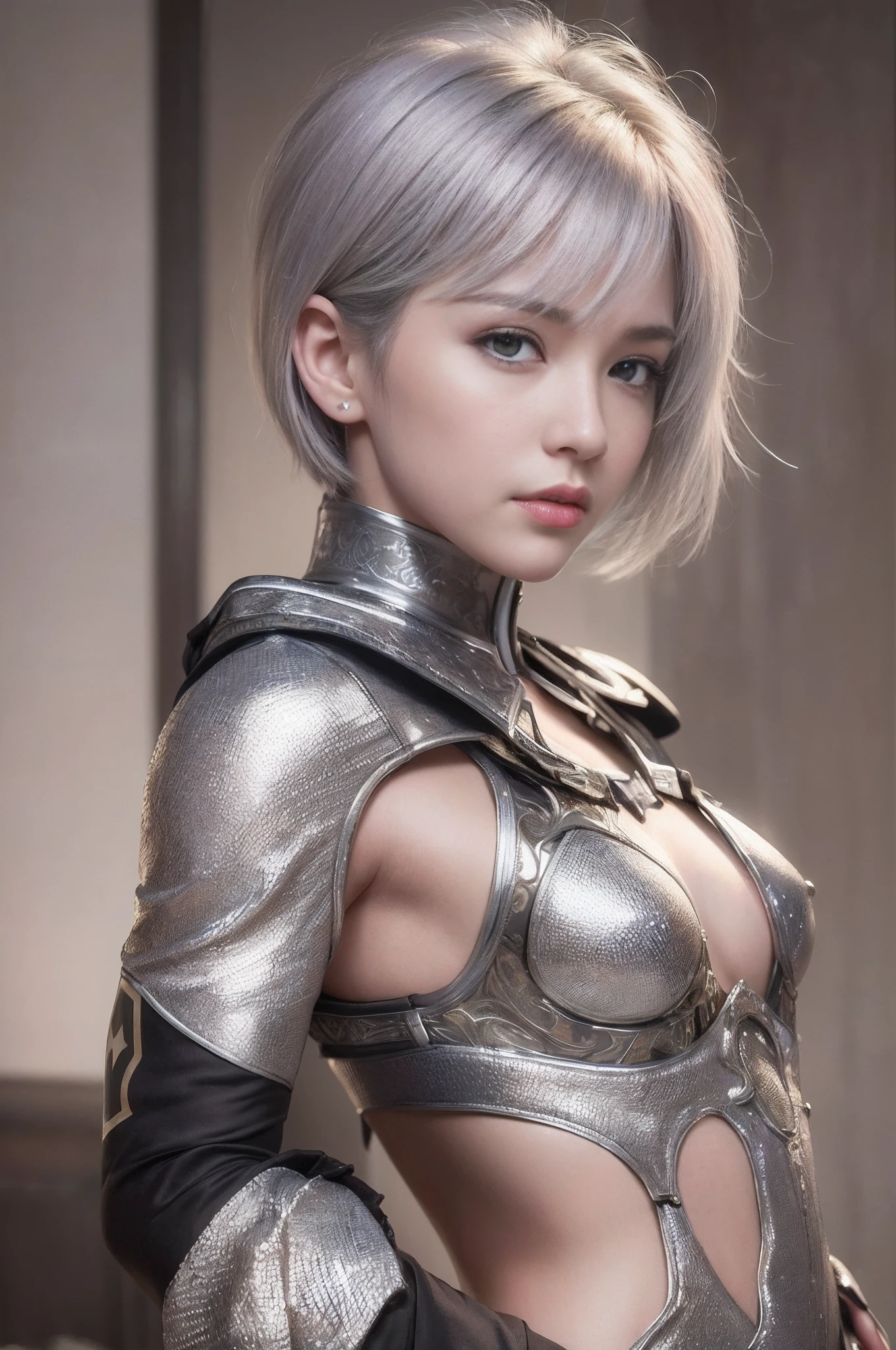 (8k、Photorealsitic、RAW Photography、top-quality: 1.4)、(1girl)、Super beauty、(lifelike face)、(boyish、Silver-colored berry shorthair)、Beautiful Assassin、Tempting viewers、beautiful expression、Beautiful breasts、(real looking skin)、beautiful smiling face、(soldier)、enticing、超A high resolution、A hyper-realistic、high-detail、spoiled child、14years