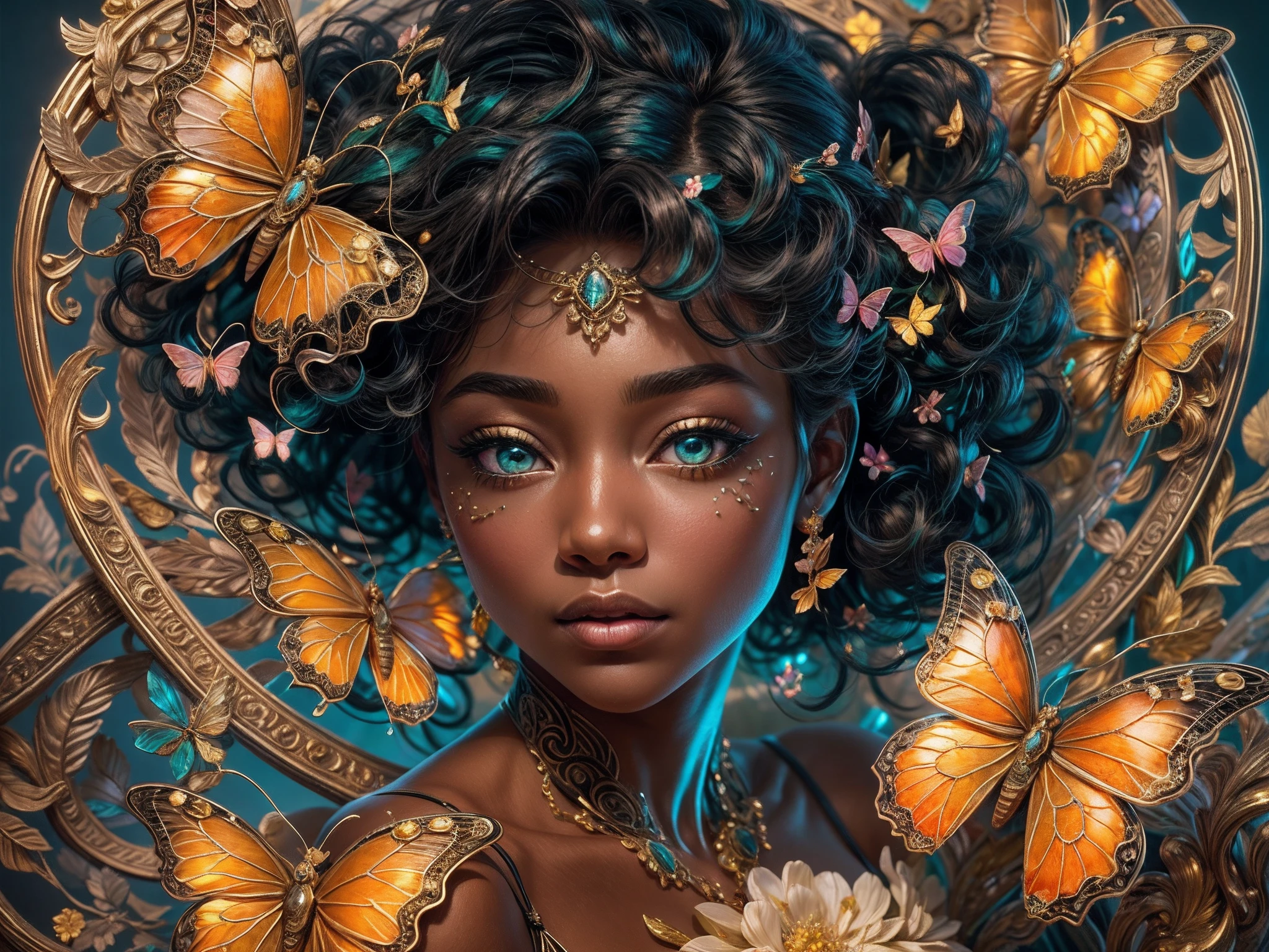 This is an elegant and ornate fantasy masterpiece with a lot of shimmer, glitter, and intricate ornate detail. Generate a petite Jamaican woman resting on a gilded and flowered garden swing at night. Her eyes are ultra-detailed with intricate realistic shading and bold, bright hues. She is a beautiful and seductive butterfly queen with stunning curly black hair, (((incredibly realistic and detailed dynamic eyes in bright colors with realistic shading))). She wears a delicate and elegant crown and a gown spun from luxurious gossamer silk and satin with subtle, intricate, and hand-embroidered bodice detailing as well as subtle floral detailing and gold silk butterfly sleeves. Her face is lovely and lonely. Include glow-in-the-dark flowers, lots of particles, highly realistic fantasy butterflies with translucent jewel-toned wings and fine detailing, and glow. The artwork is done in the style of Guviz and brings to mind masters in the genre such as trending fantasy works on Artstation and Midjourney. Camera: Utilize dynamic composition techniques to emphasize etherealness and delicate detail. The colors in this artwork are saturated, romantic, and rich.