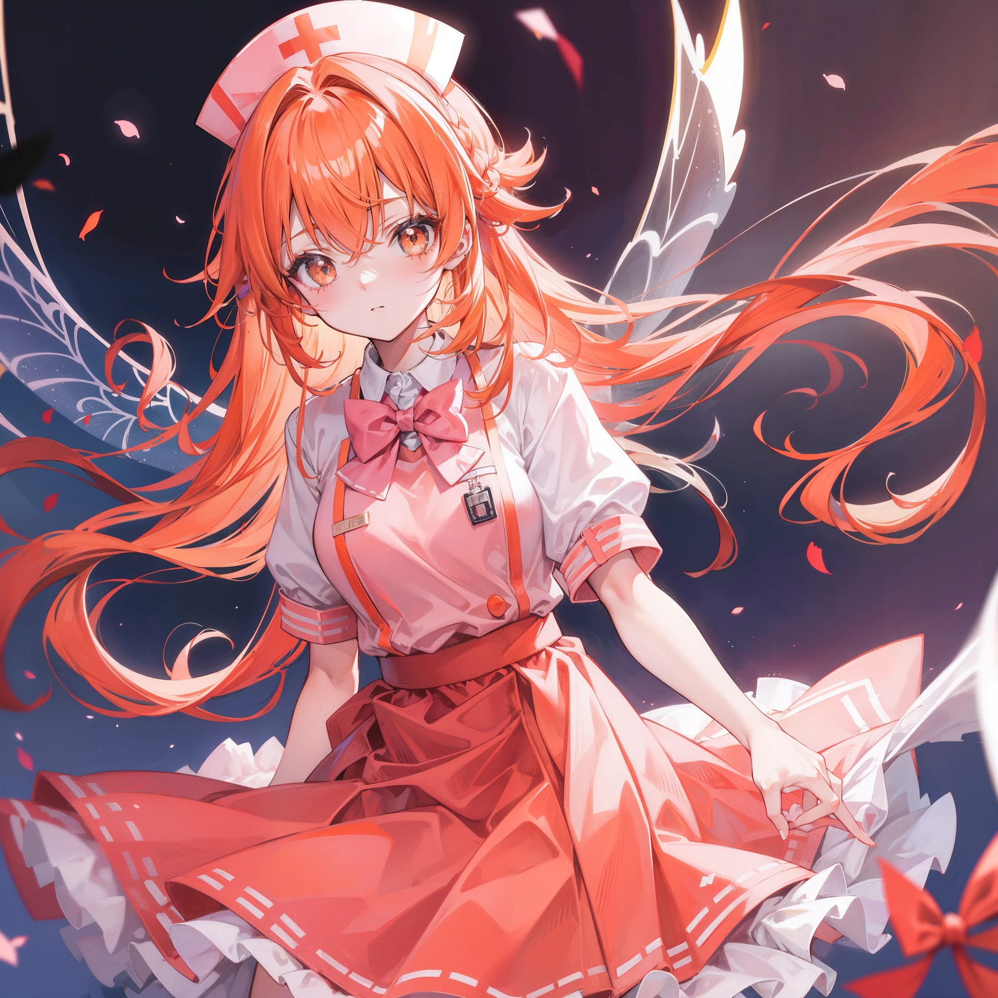 Long light orange hair，Pink bow，Fairy braids，Nurse's uniform