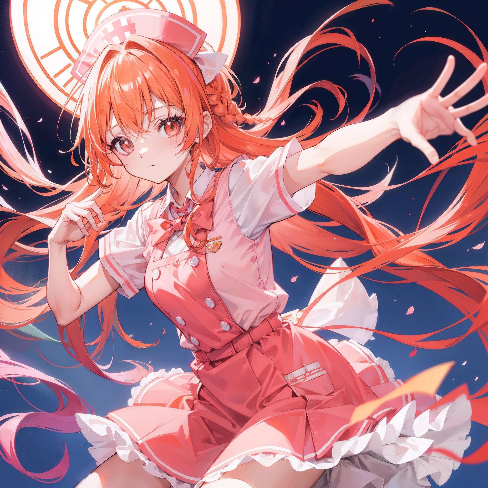 Long light orange hair,Pink bow,Fairy braids,Nurse's uniform