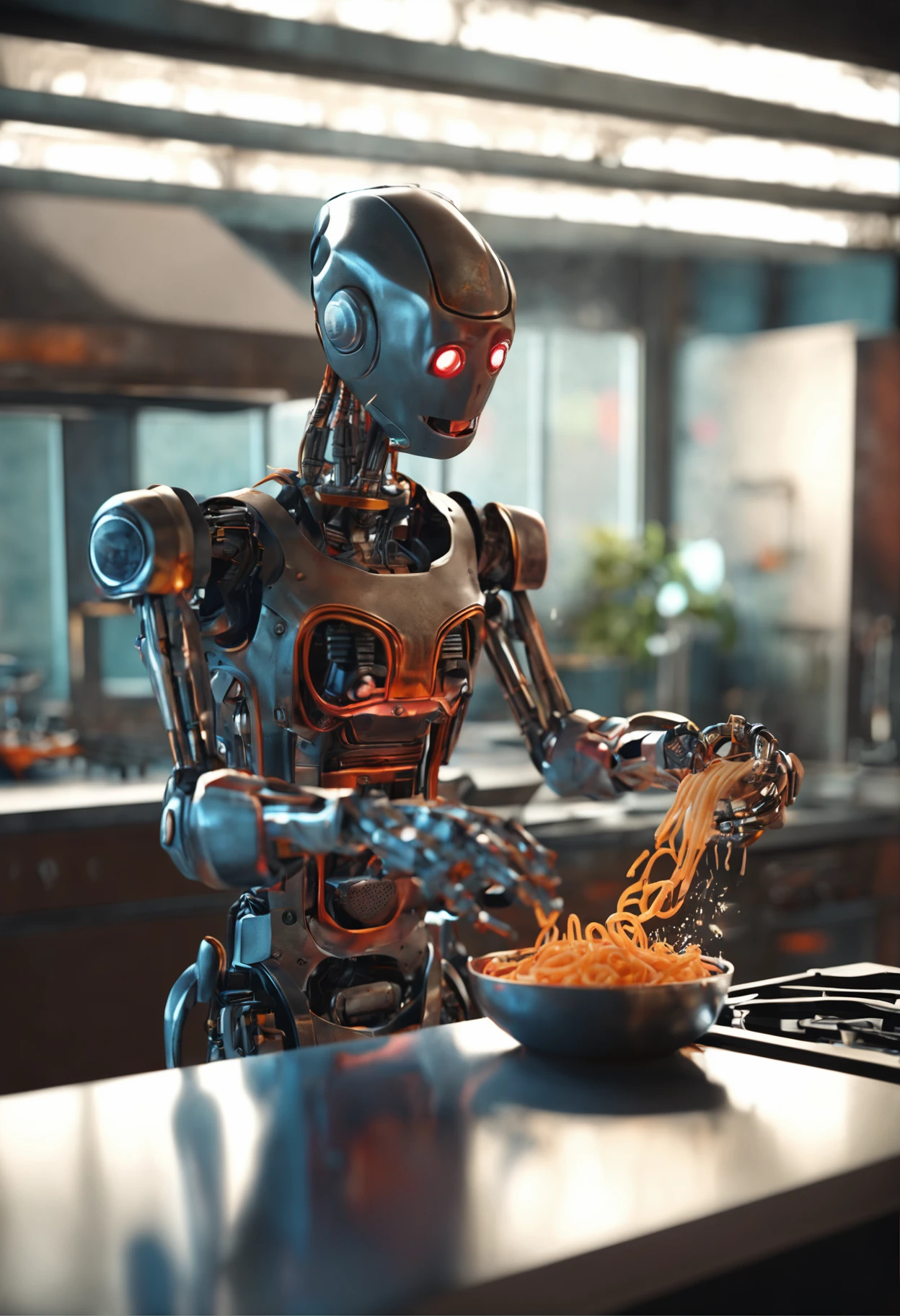 biomechanical cyberpunk, wall-e running (walle), hyperrealistic photo of a female kitchen assistant, cuts the vegetables, prepares the ingredients for a gourmet menu, works diligently at the chopping board, nearby are colorful, fresh products, carrots, fennel, mushrooms, cabbage, ultra detailed, cybernetics, human-machine fusion, dystopian, organic meets artificial, dark, intricate, highly detailed<lora:walle:1.0>